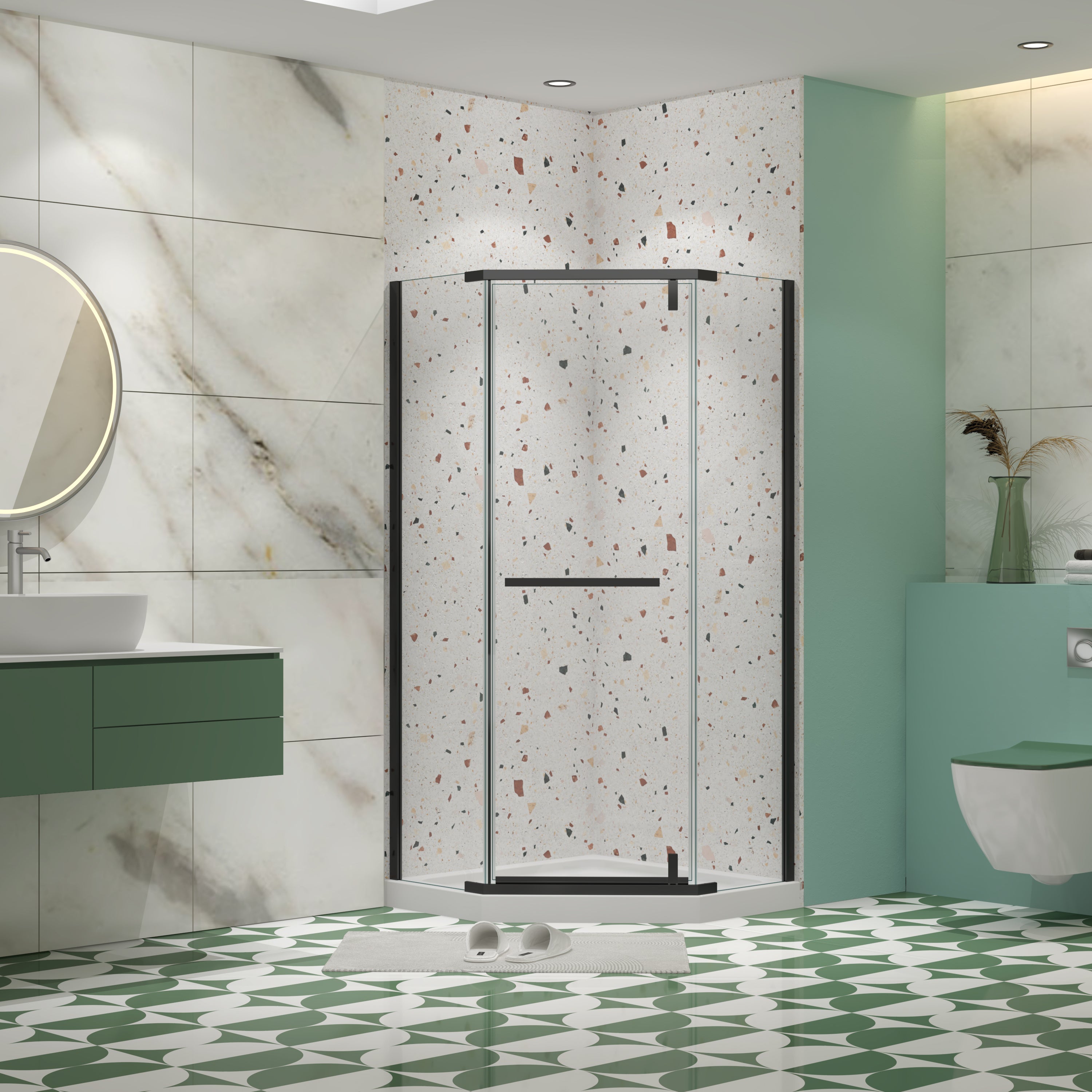 Pivot shower door, with 1/4' tempered glass, 34.75 in. x 72 in. Frameless Neo-Angle Pivot Shower Enclosure in Matte Black