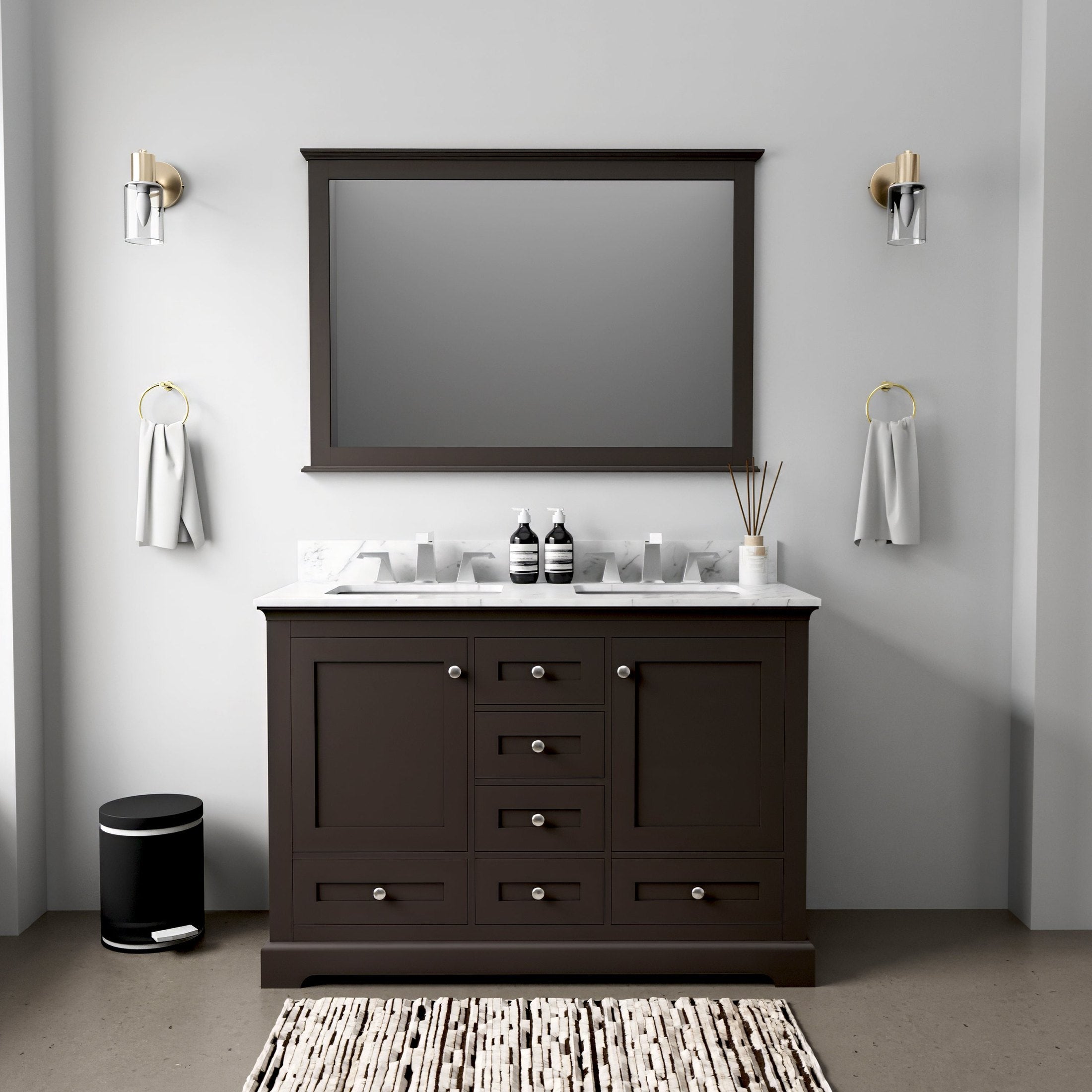 Espresso Double Bath Vanity 48 in. W x 22 in. D, Carrara Marble Top, and Faucet Set