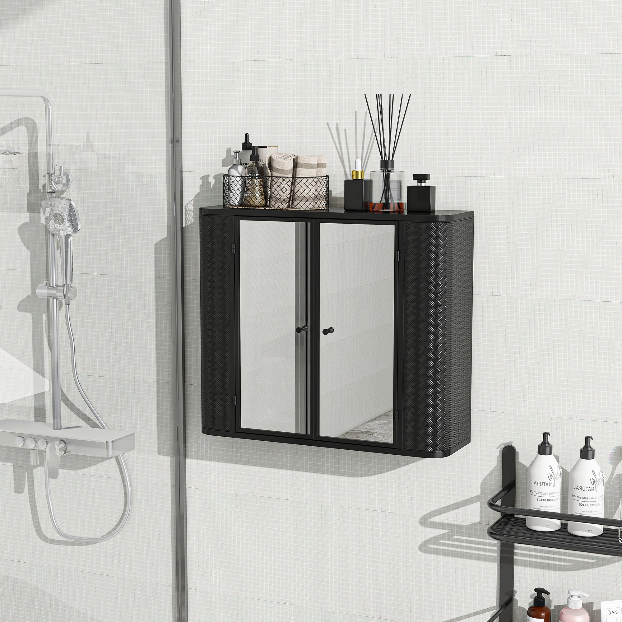 Black Wall-Mounted Bathroom Cabinet with Mirror, 2 Mirrored Doors & Open Shelf, Farmhouse Metal Frame Storage Cabinet with Open Compartment for Vanity, Toilet & Over-the-Sink