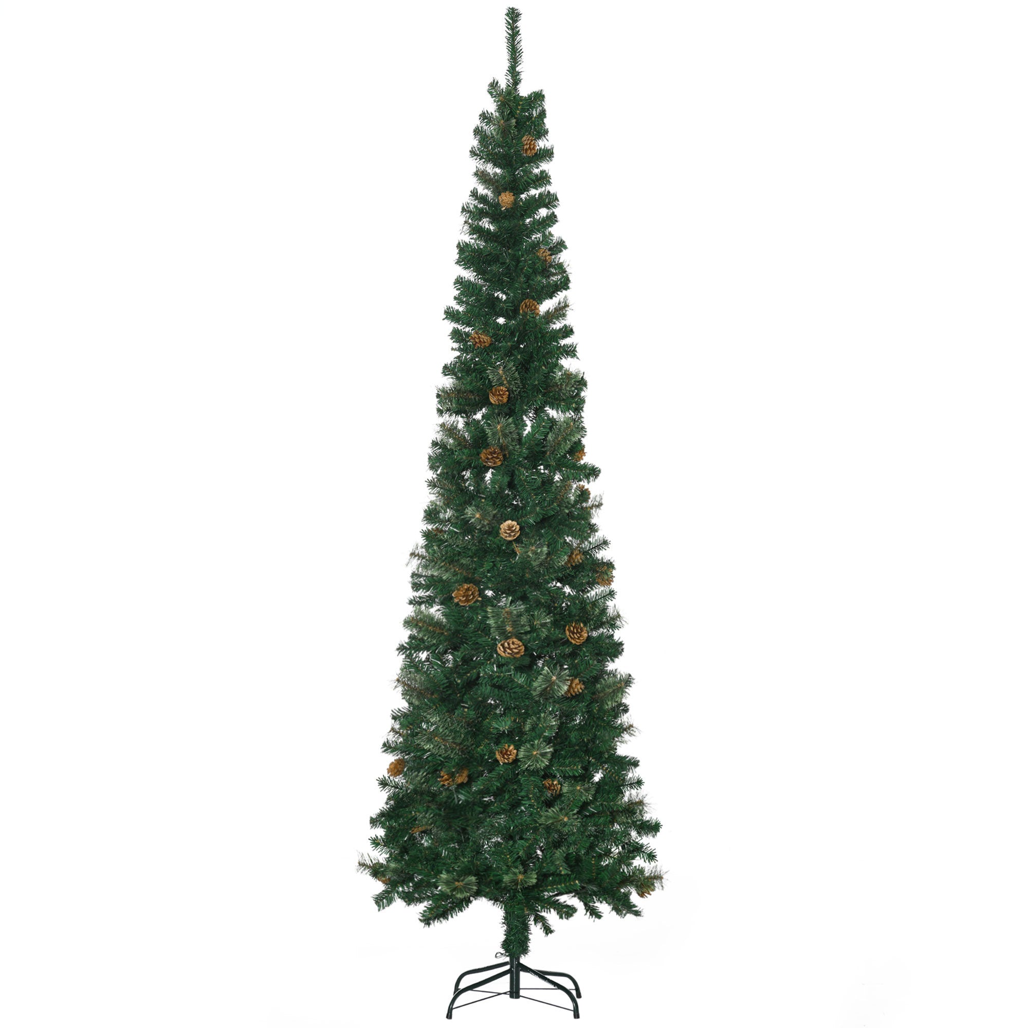HOMCOM 7.5 Foot Pencil Artificial Christmas Tree, Slim Pine Needles Xmas Tree with Realistic Branches, Pine Cones, Metal Base, Green