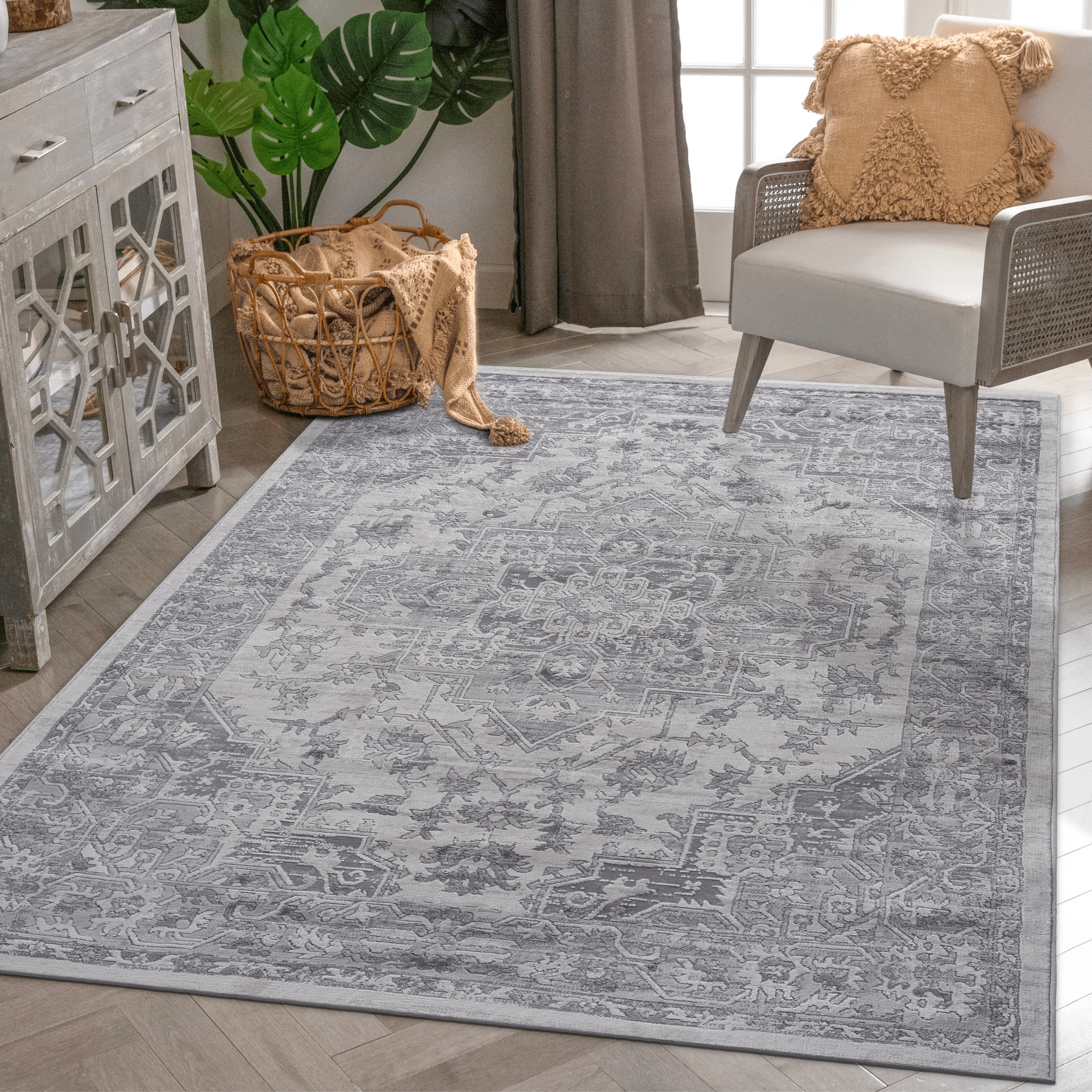 LOOM & LUXE Collection 5X7 Silver/Oriental Non-Shedding Living Room Bedroom Dining Home Office Stylish and Stain Resistant Area Rug