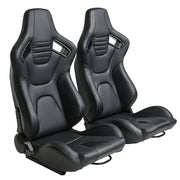 2PC New Universal Bucket Racing Seats Black Stitch Black PVC Leather Reclinable Carbon Look Leather Back With Adjustor Slider(Not Including Seat Bracket ) 1 box of 2 pieces