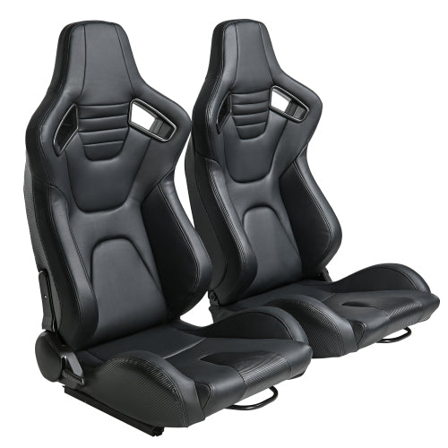 2PC New Universal Bucket Racing Seats Black Stitch Black PVC Leather Reclinable Carbon Look Leather Back With Adjustor Slider(Not Including Seat Bracket ) 1 box of 2 pieces
