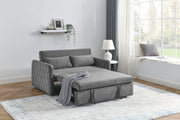 55' Modern Convertible Sofa Bed with 2 Detachable Arm Pockets, Velvet Loveseat Sofa with Pull Out Bed, 2 Pillows and Living Room Adjustable Backrest, Grid Design Armrests