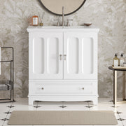 30' Bathroom Vanity with Ceramic Sink, Solid Wood Frame Bathroom Sink Cabinet with Adjustable Shelf, Drawer with Divider, Solid Wood Feet