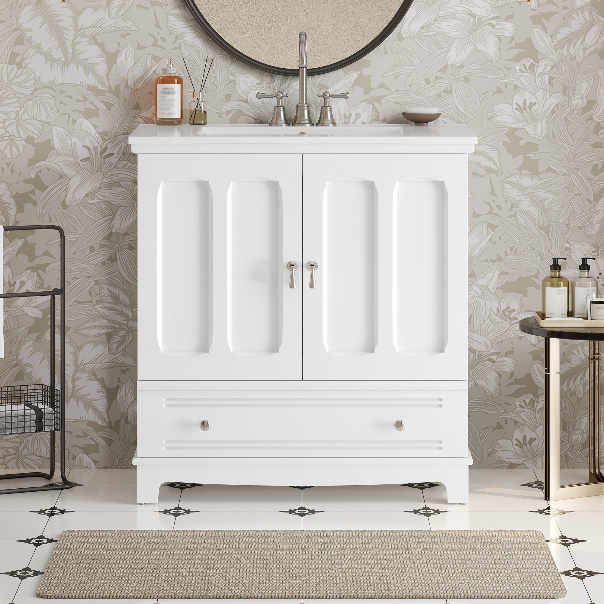 30' Bathroom Vanity with Ceramic Sink, Solid Wood Frame Bathroom Sink Cabinet with Adjustable Shelf, Drawer with Divider, Solid Wood Feet