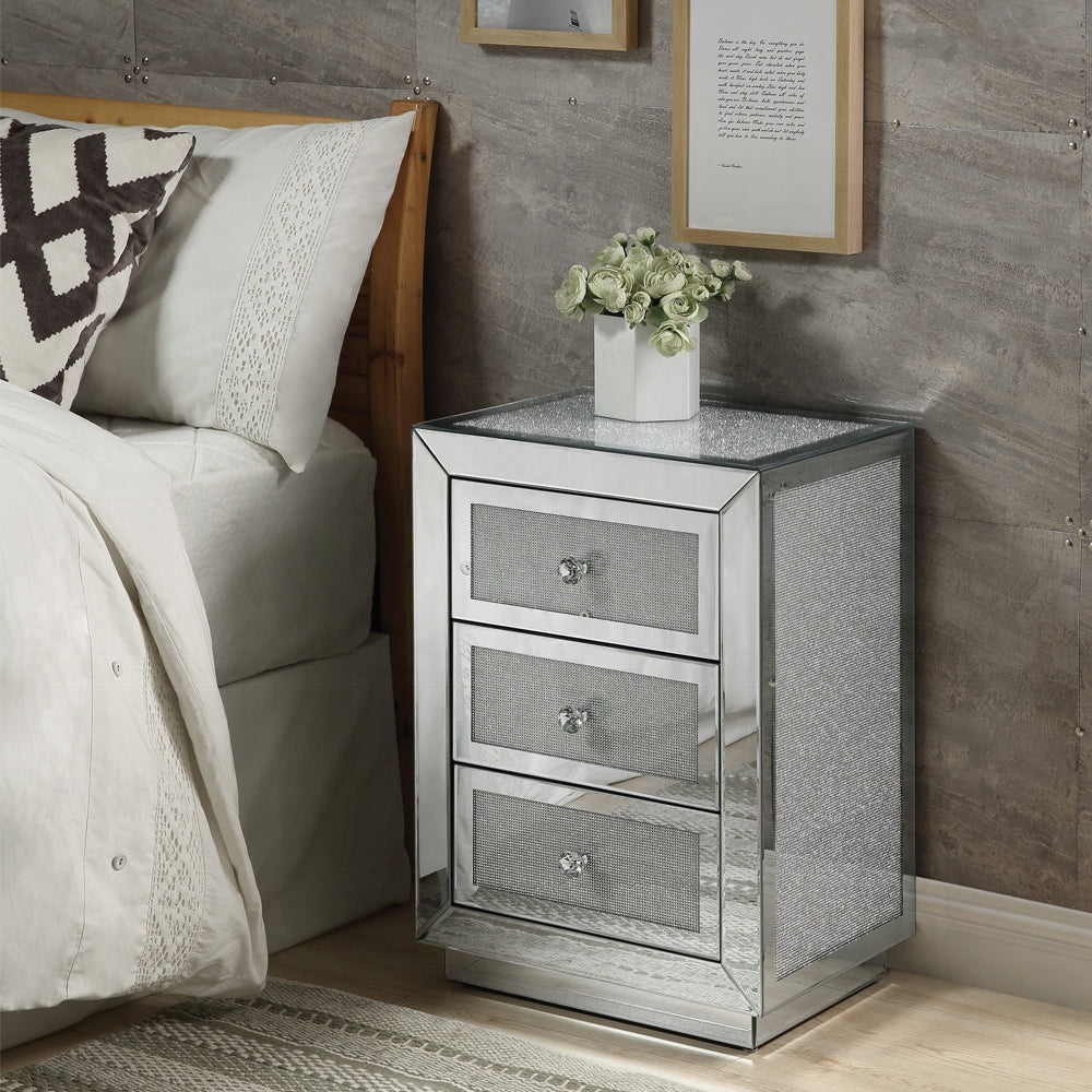 Glam Style Nightstand with Three Drawers Mirrored Finish Modern Home Furniture Accent Table