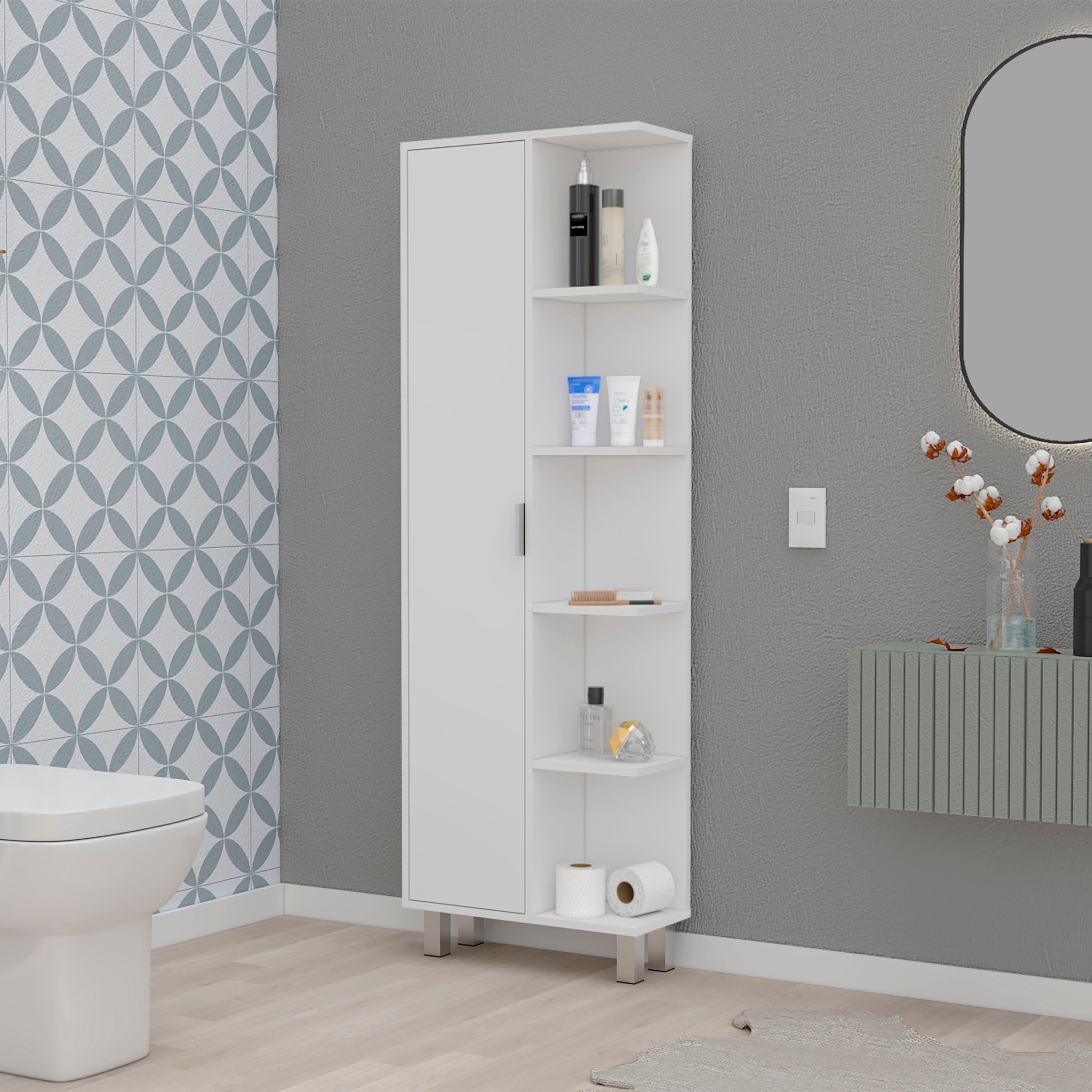 FM FURNITURE Randall Linen Cabinet, with 1  door and 9 shelves, White