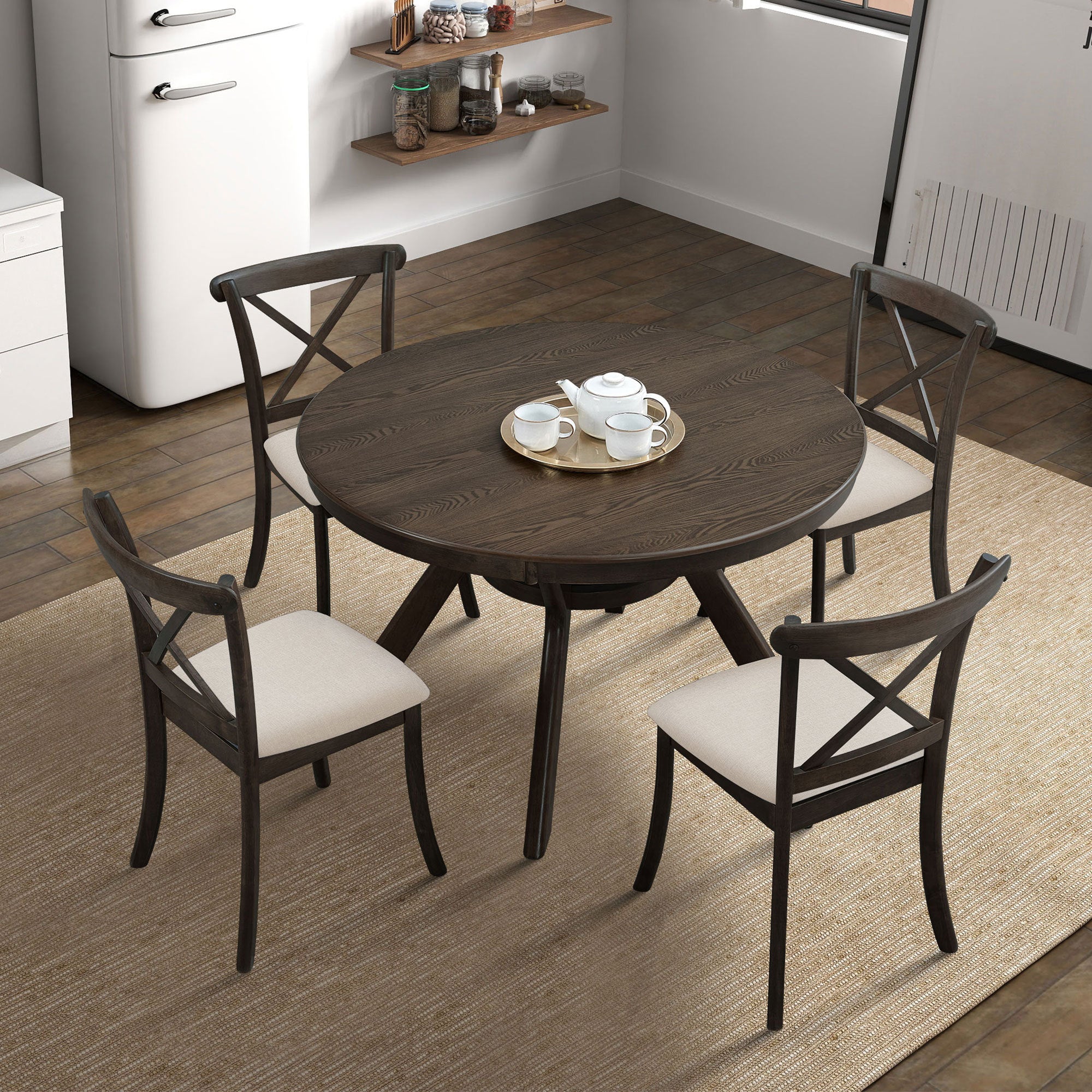Wooden Dining Table Set, Mid Century Modern Round Rubber Wood Kitchen Table and Cross Back Upholstered Dining Chairs for Dining Room, Kitchen, Saving Space (1 Table with 4 Chairs), BROWN