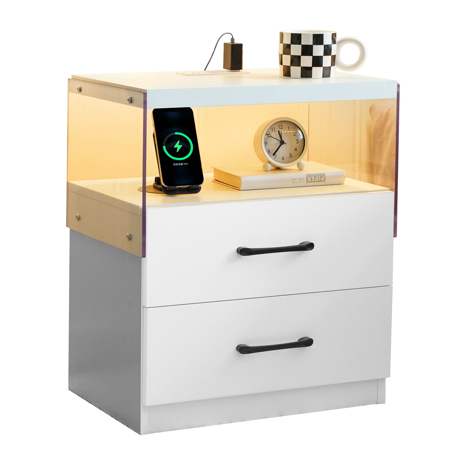 Nightstand with LED Lights, Adjustable Light Colors, Bedside Table, Side Table with 2 Drawers,White