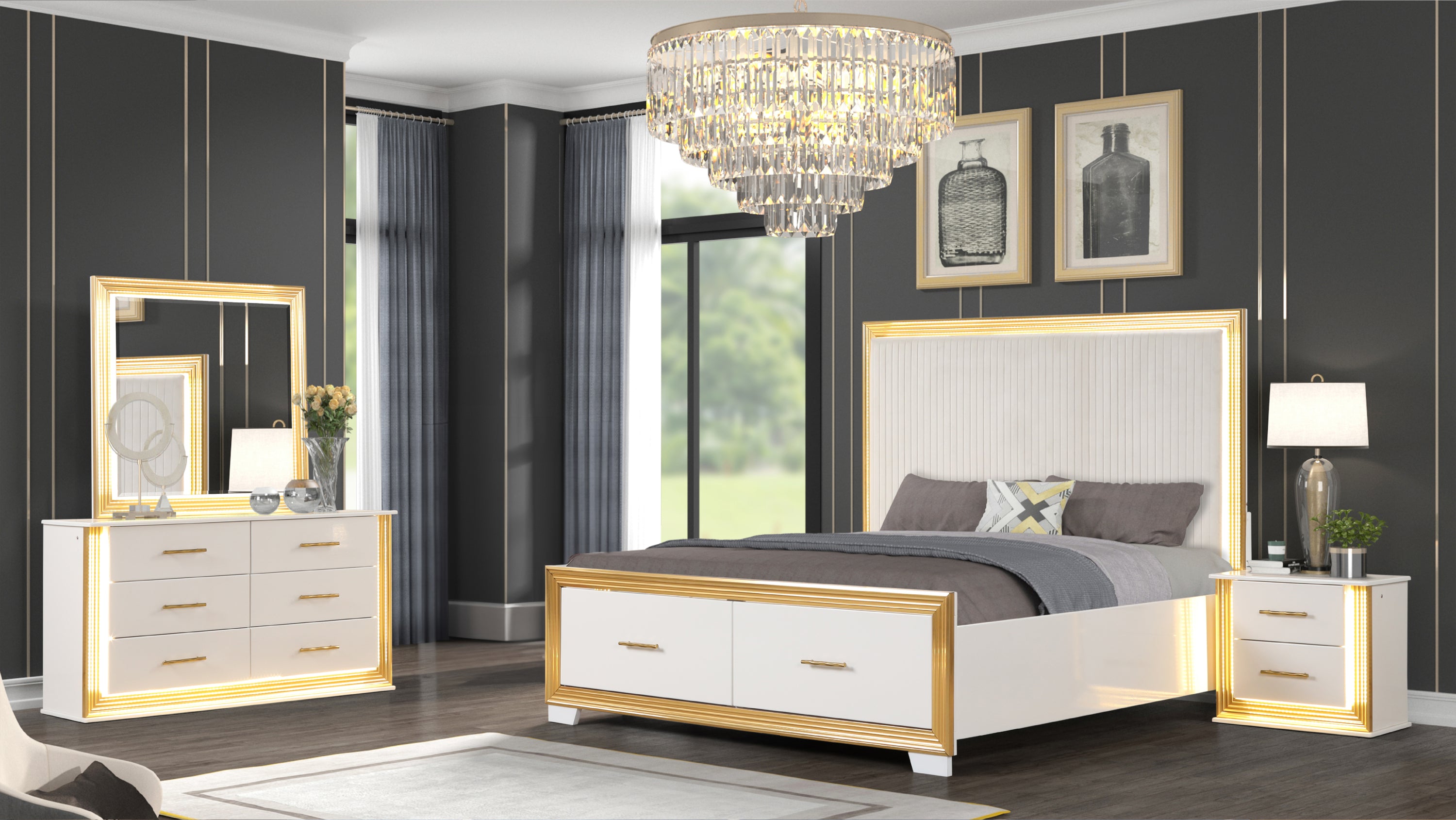 OBSESSION Contemporary Style 4PC King Bedroom Set Made with Wood & Gold Finish(CA INVENTORY)