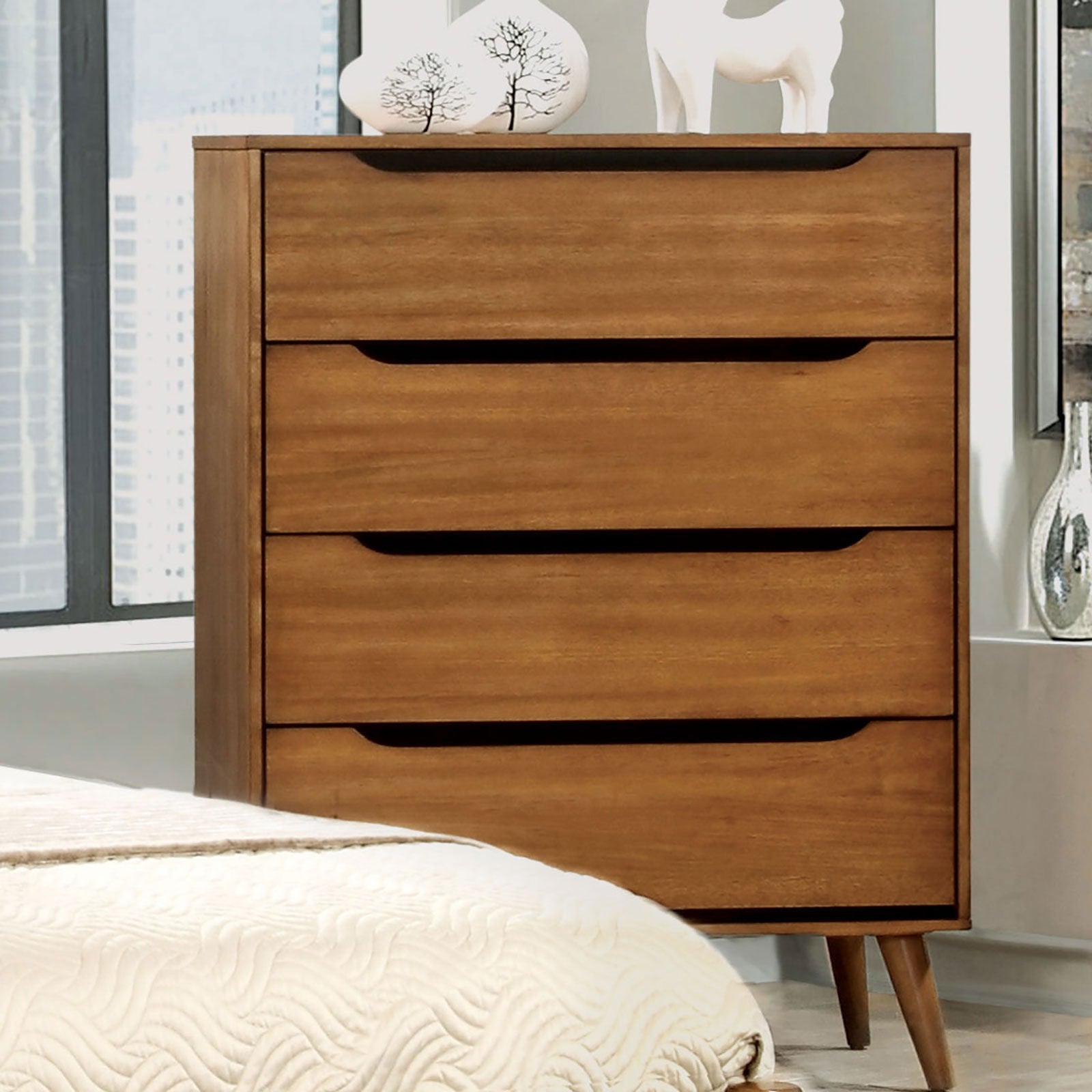 1pc Chest Modern Mid-Century Style Recessed Drawers Handle Tapered Round Legs Four Drawers Oak Finish