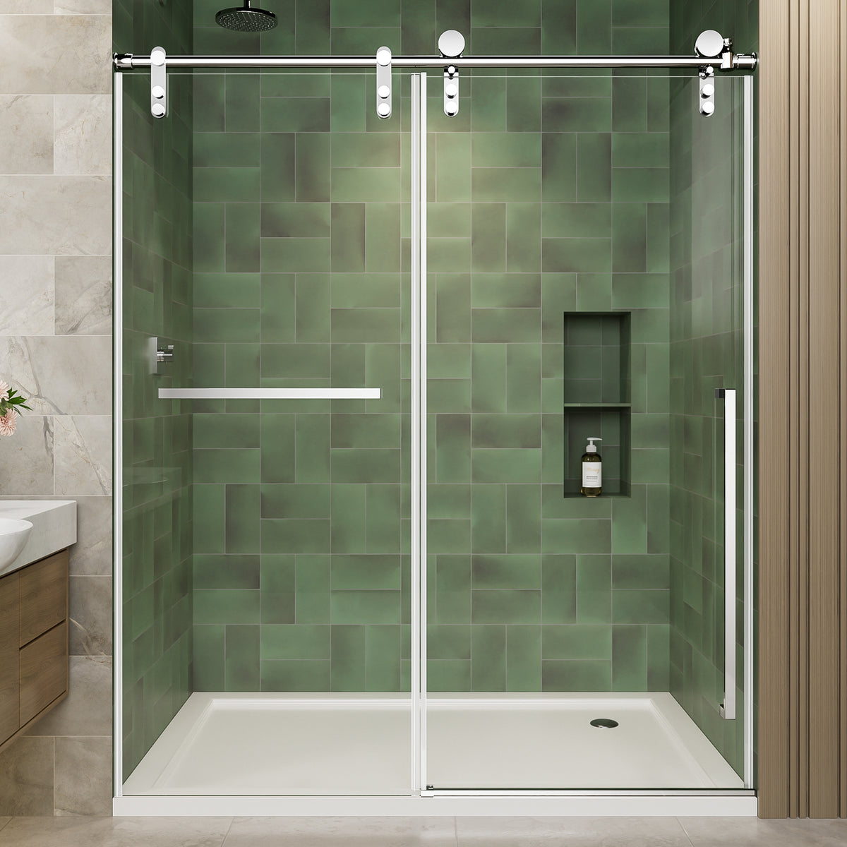 56'-60' W x 75' H Frameless Sliding Shower Door, Chrome Shower Screen, 5/16' (8mm) Clear Tempered Glass With Explosion-proof Film