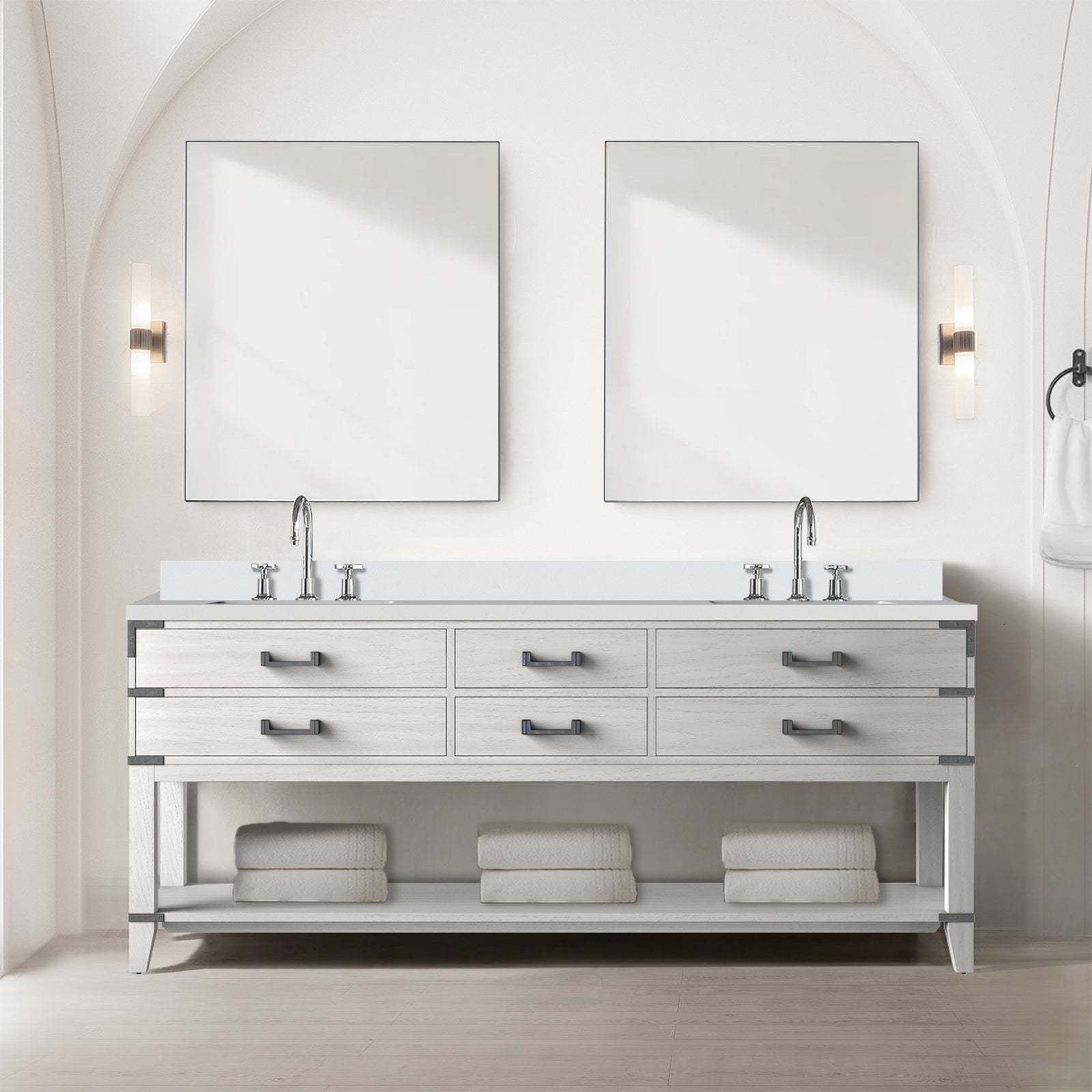 White Oak Double Bath Vanity 80 in. W x 22 in. D, Cultured Marble Top, and Faucet Set