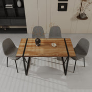 59' MDF natural wood dining table and modern dining chair set of 4 pieces, medieval wooden kitchen dining table set, black rectangular metal base, dining table and suede chair set