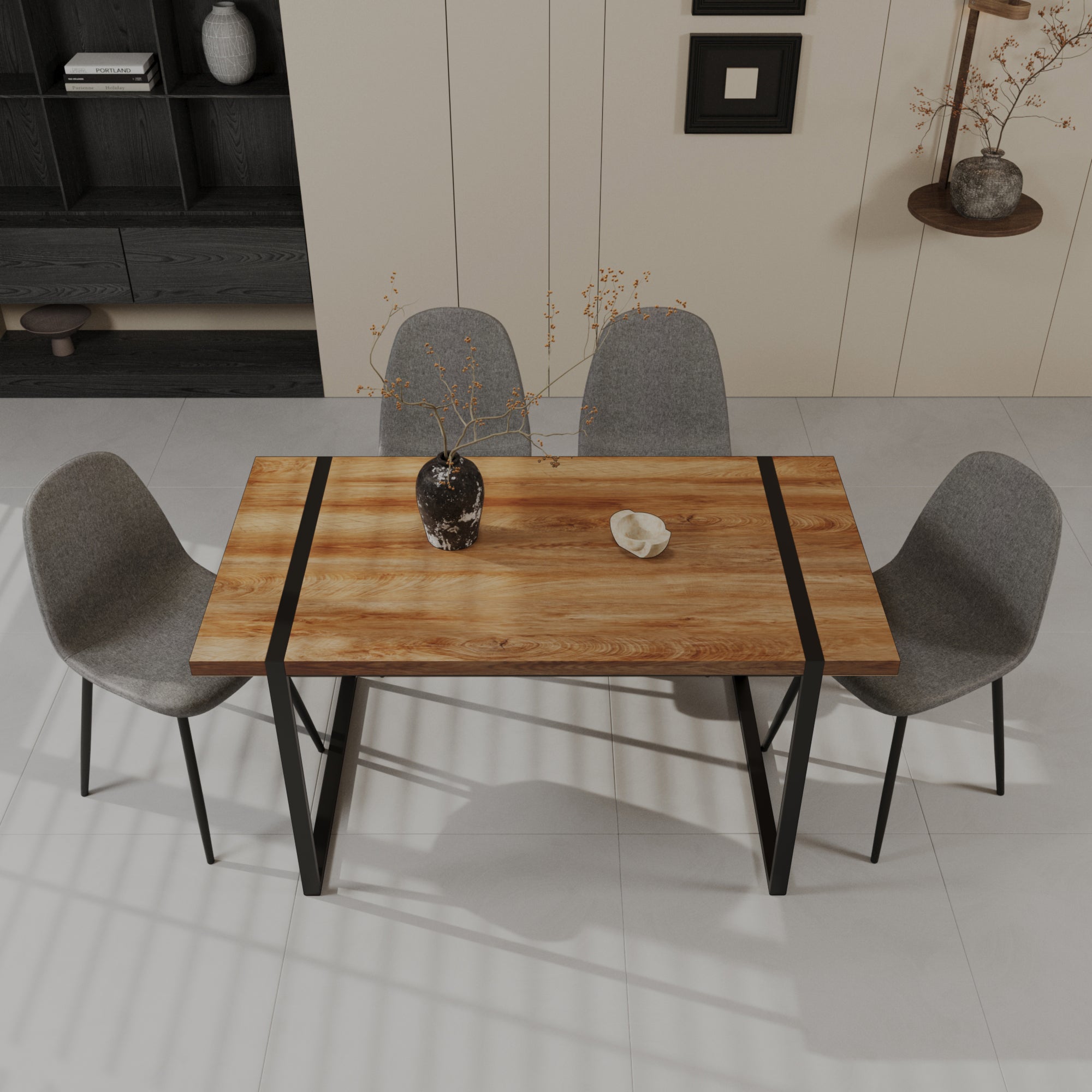 59' MDF natural wood dining table and modern dining chair set of 4 pieces, medieval wooden kitchen dining table set, black rectangular metal base, dining table and suede chair set