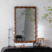 Mid-Century Modern Mirror with Solid Wood Frame,Wall-Mounted High-Definition Non-deformable Bedroom Mirror, Living Room Mirror,Brown