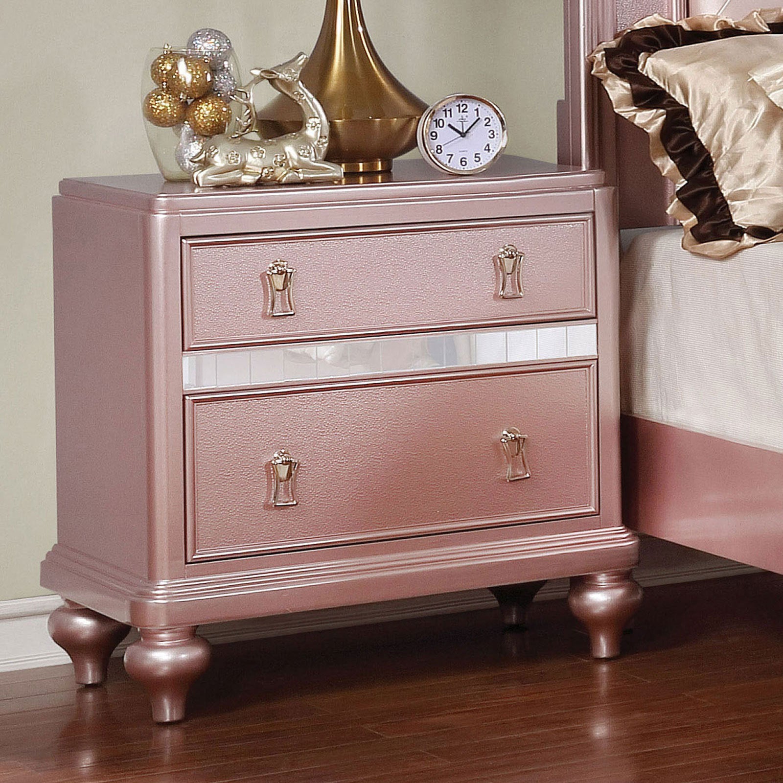 Elegant Contemporary Rose Gold 1pc Nightstand Nickel Hanging Knob 2-Drawers Bedside Table Mirror Accent Panels