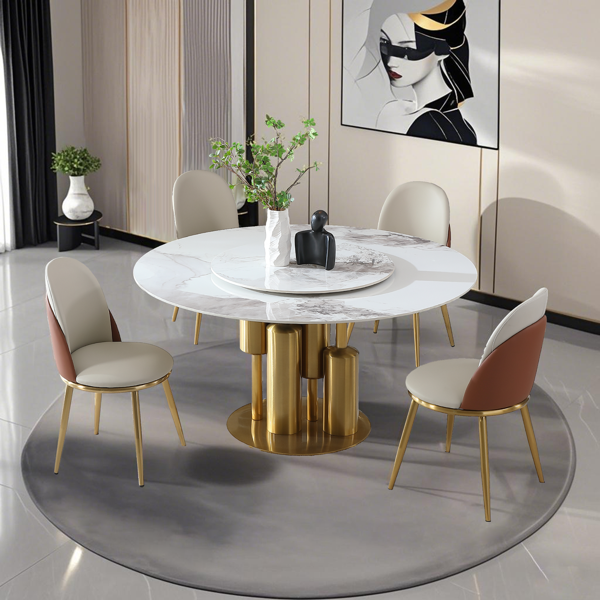 53' Round Modern Marble Dining Table with Lazy Susan, Sintered Stone Top for Kitchen, Dining Room, Dinette, Space Saving Design(4 chairs)
