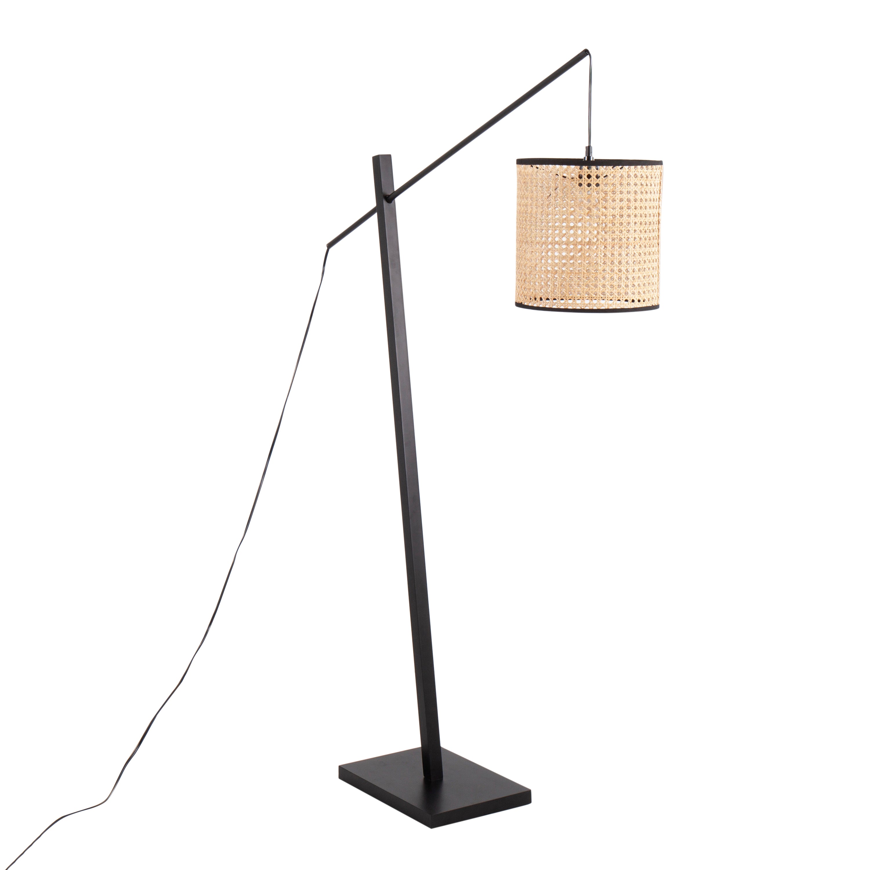 Arturo Contemporary Floor Lamp in Black Wood and Black Steel with Rattan Shade by LumiSource