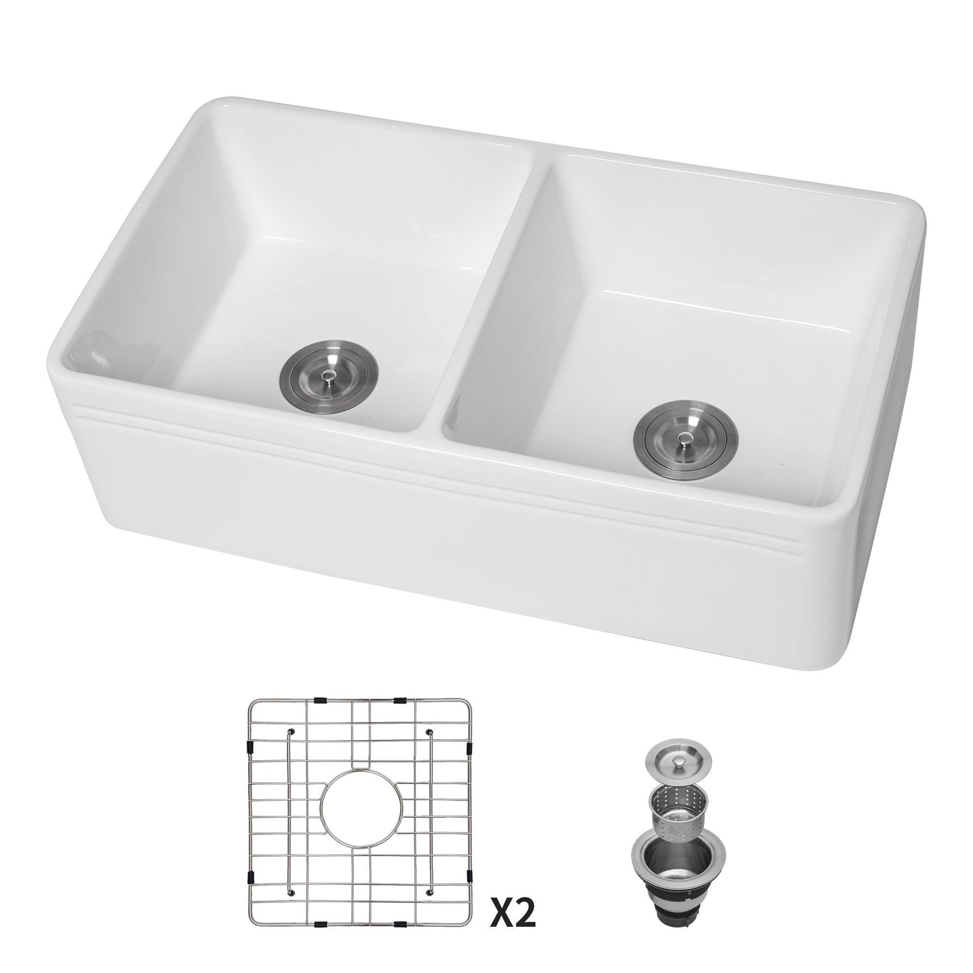 White Farmhouse Sink 33 Inch Double Bowl Apron Front Ceramic Kitchen Sink 50/50 White Color