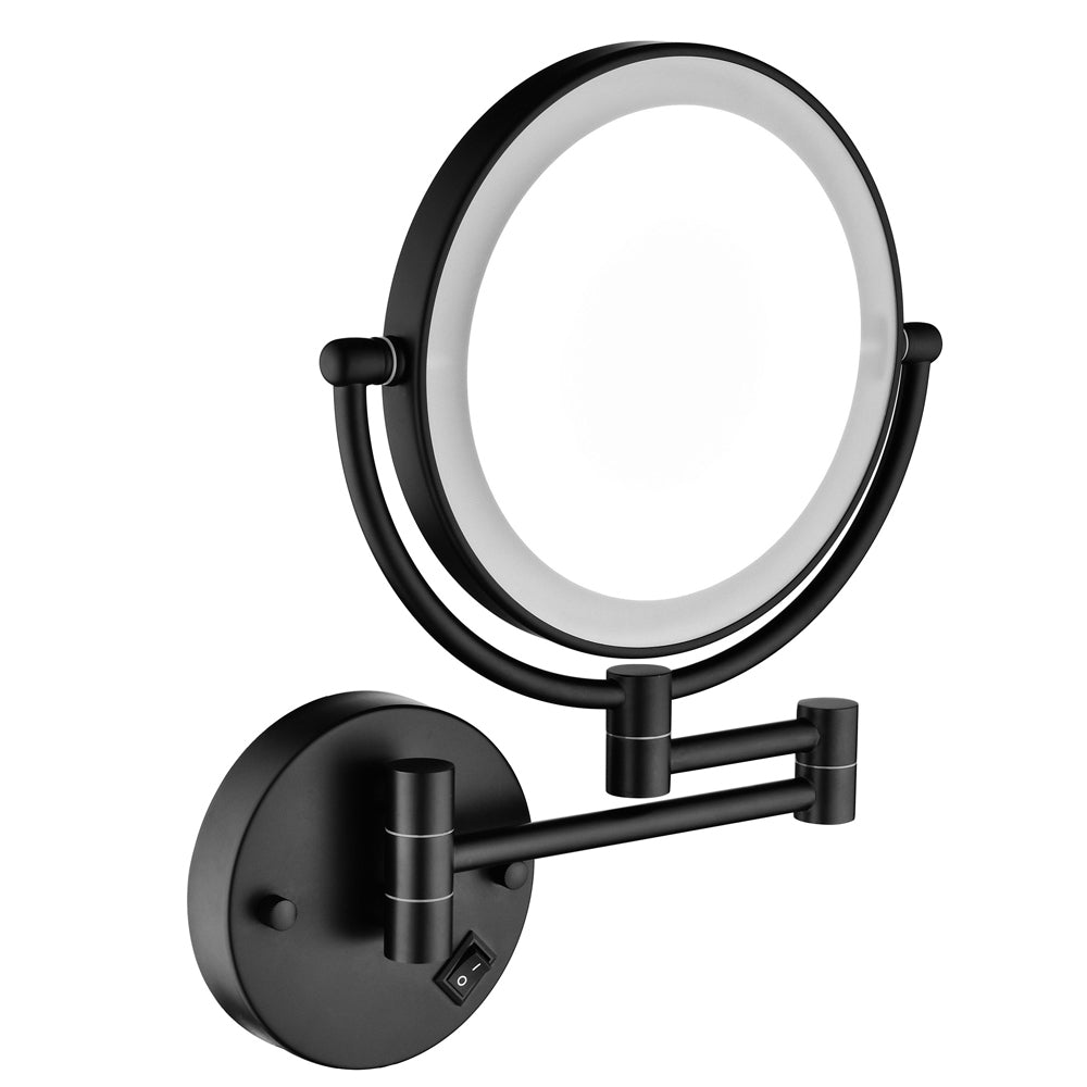 8 Inch LED Wall Mount Two-Sided Magnifying Makeup Vanity Mirror, 12 Inch Extension Matte Black, 1X/3X Magnification, 360 Degree Rotation, Waterproof Button Shaving Mirror