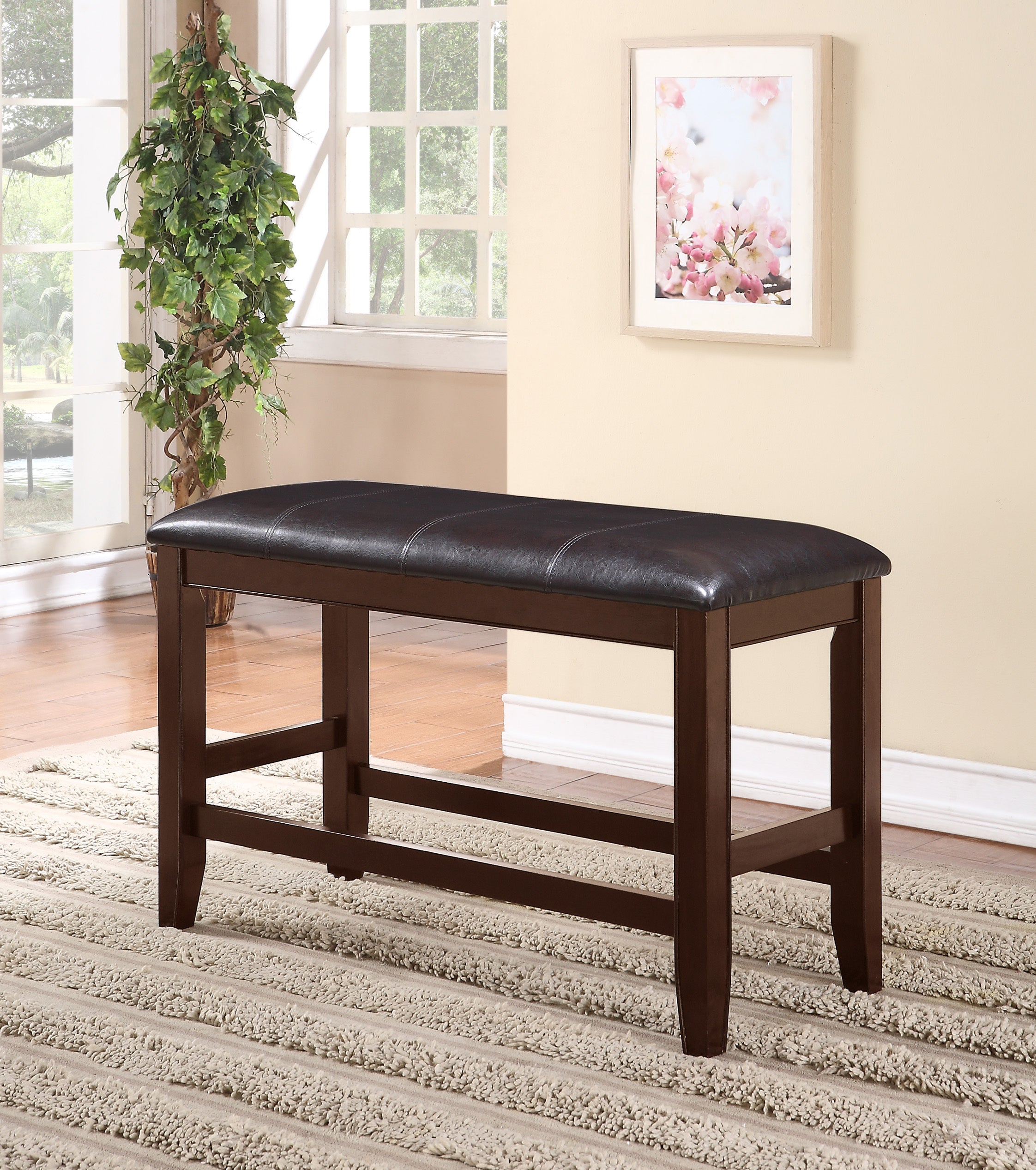 Farmhouse Style 1pc Brown Espresso Counter Height Bench Footrest Faux Leather Upholstered Seat Wooden Furniture