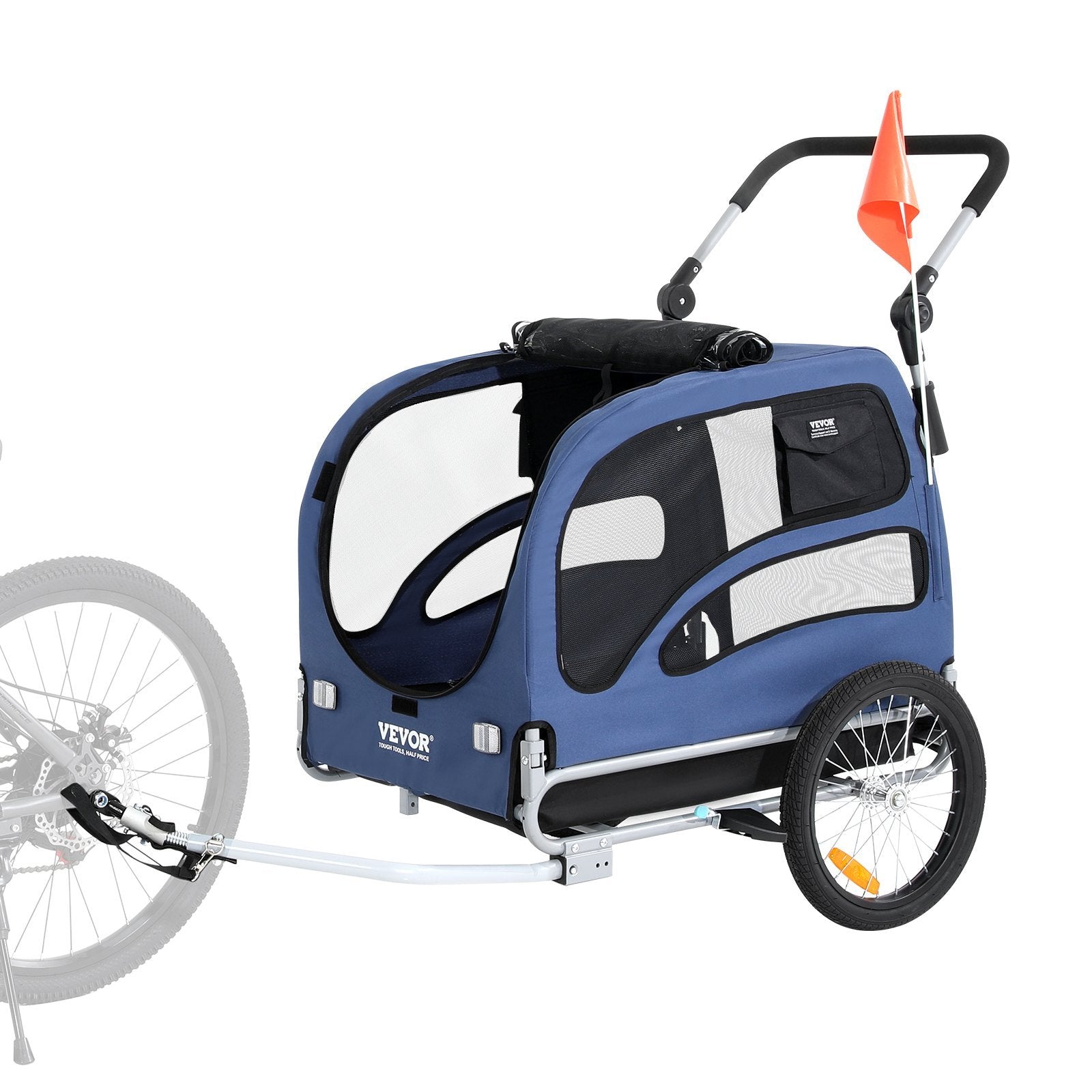 Dog Bike Trailer, Supports up to 100 lbs, 2-in-1 Pet Stroller Cart Bicycle Carrier, Easy Folding Cart Frame with Quick Release Wheels, Universal Bicycle Coupler, Reflectors, Flag, Blue/Black