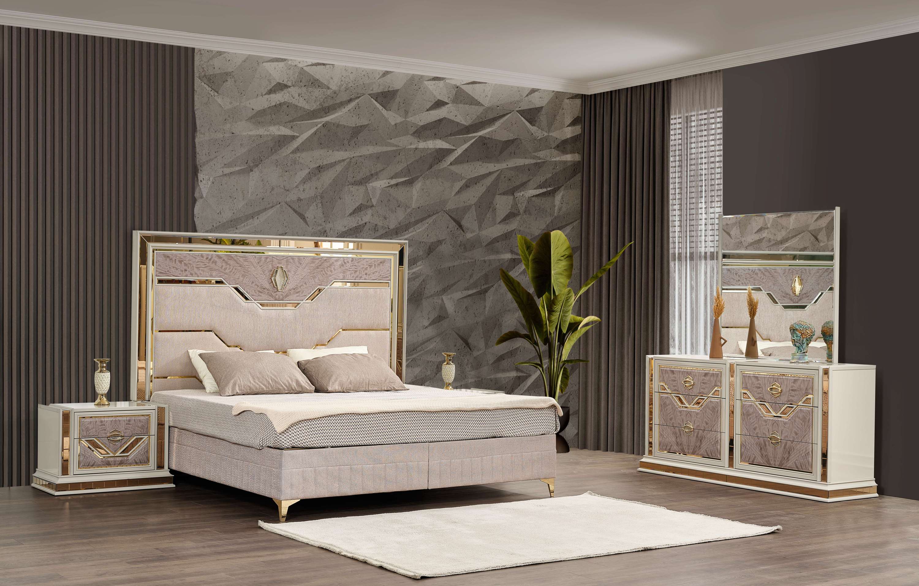 Omari Modern Style 4 Pc Queen Upholstered Bedroom Set Made with Wood and Gold Accents in Beige (CA Inventory)