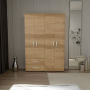 Ankora Armoire with 4 Doors, 2 Drawers, And 2 Hanging Rod, Storage Cabinet for Living Room, Bedroom, or Entryway, Natural Oak