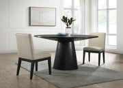 Jasper Ebony Black 3 Piece 59'W Contemporary Round Dining Table Set with Pedestal Base and Beige Fabric Chairs