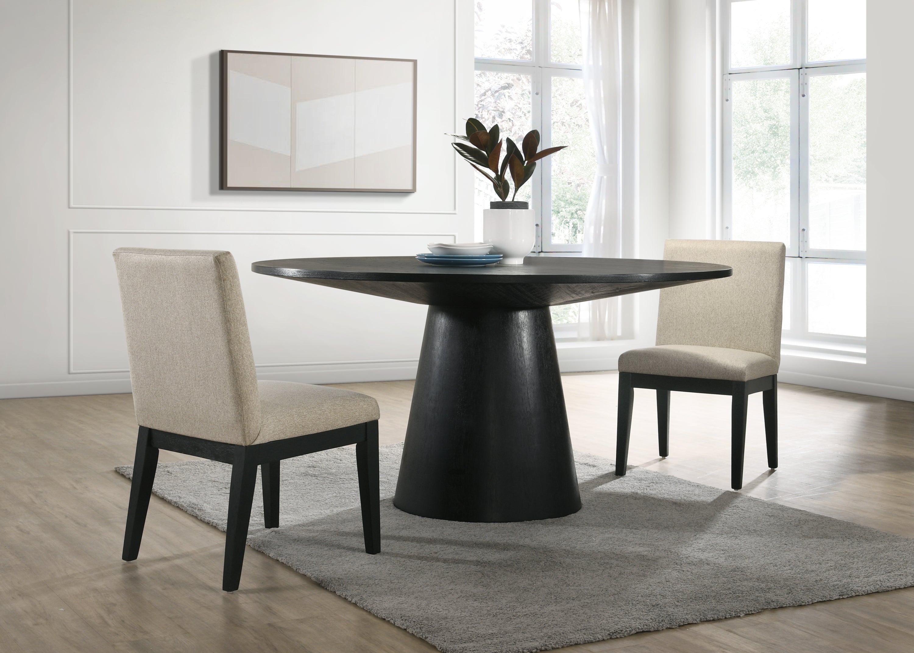 Jasper Ebony Black 3 Piece 59'W Contemporary Round Dining Table Set with Pedestal Base and Beige Fabric Chairs