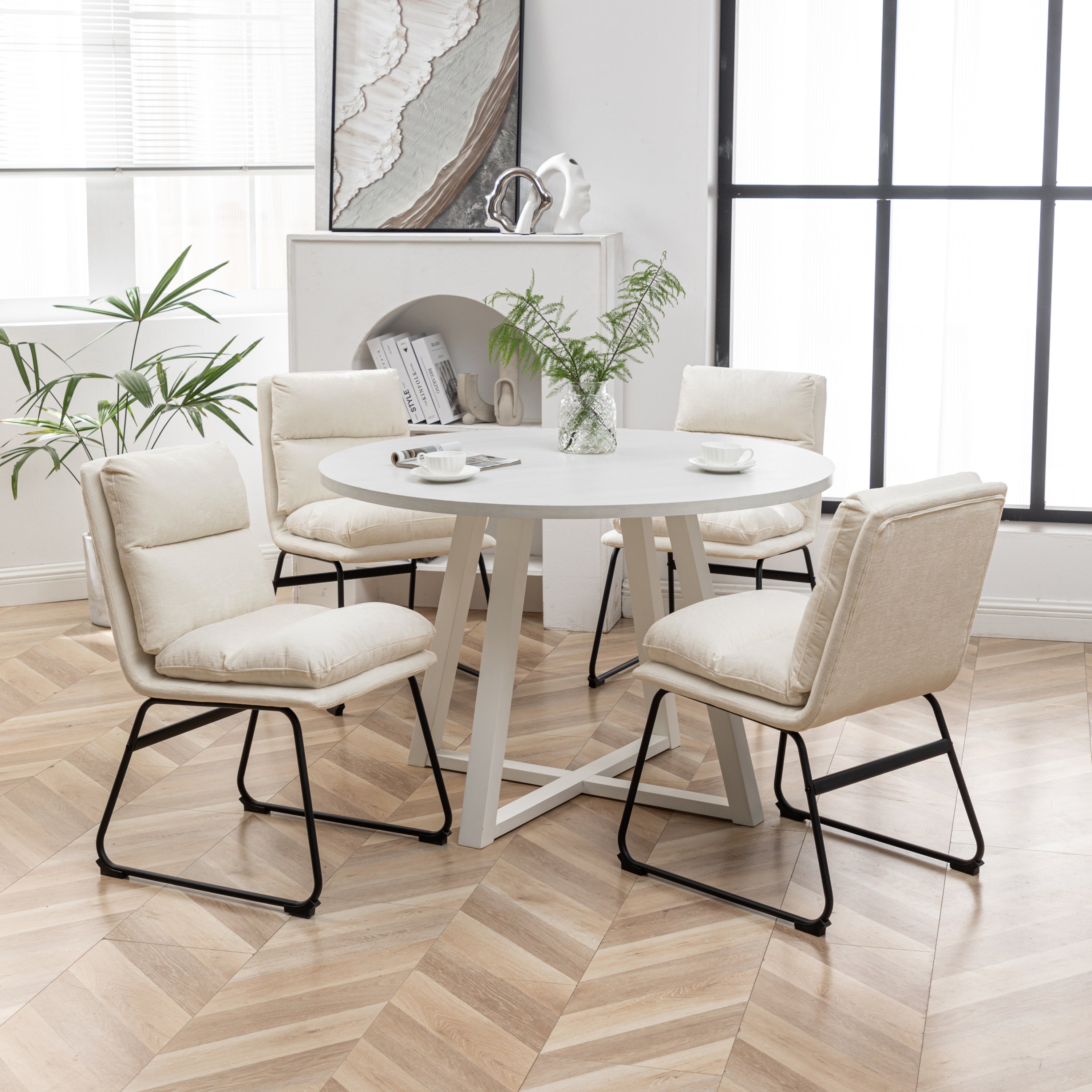Innes 5-Piece Round Dining Set, Trestle Dining Table with 4 Stylish Chairs, Vanilla White