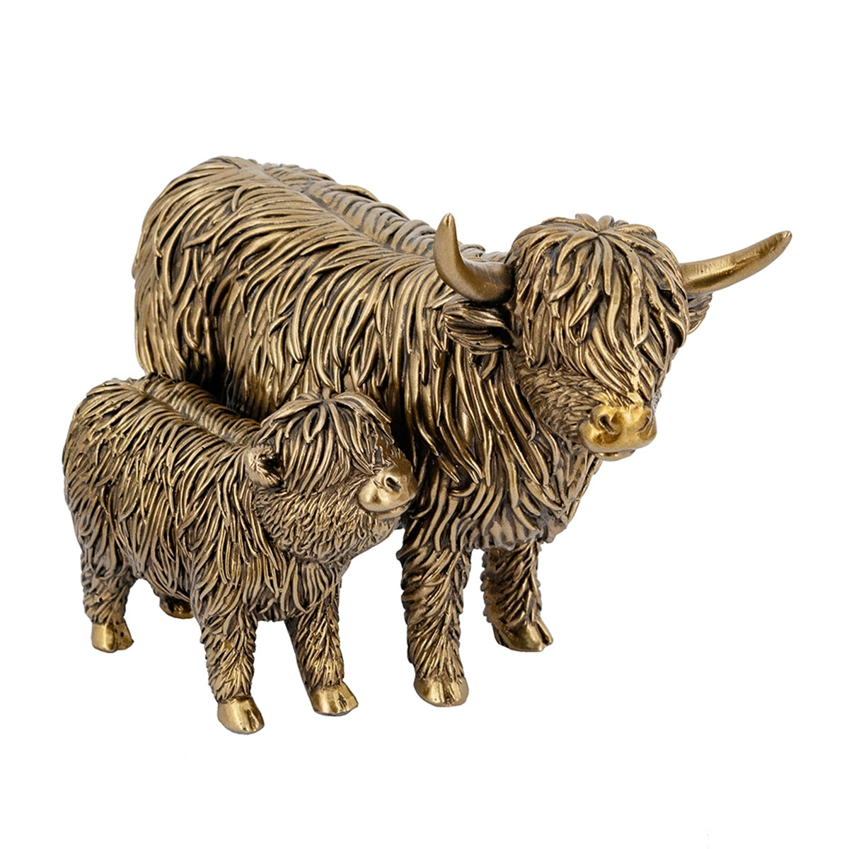 7.5x4.5x5.5' Lifelike Polyresin Highland Cow and Calf Statue with Rich Bronze Finish