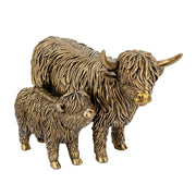7.5x4.5x5.5' Lifelike Polyresin Highland Cow and Calf Statue with Rich Bronze Finish