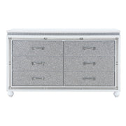 Maloise Contemporary Glam White Dresser with Crystal Crushed Drawer Fronts and Mirrored Accents in Solid Wood and MDF