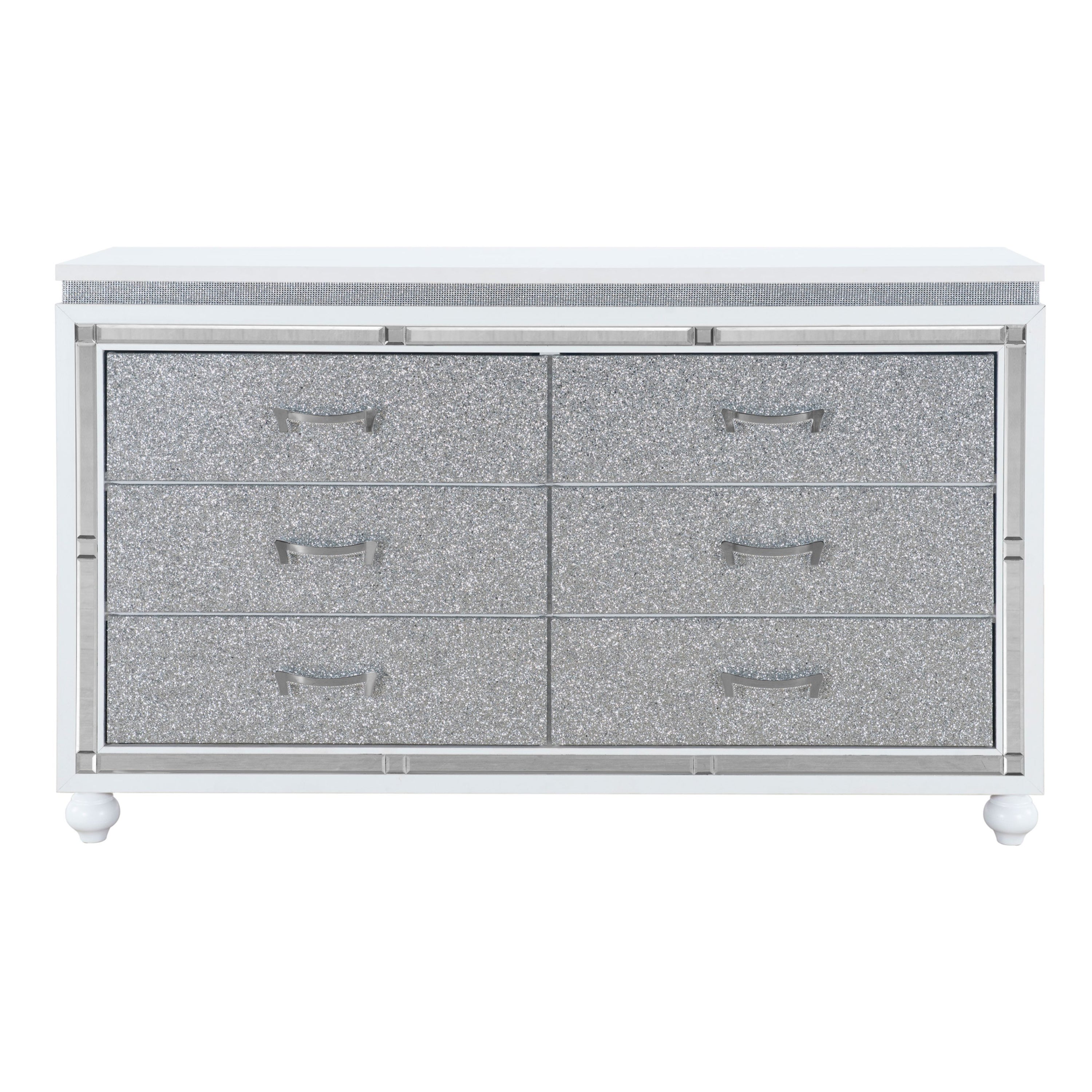 Maloise Contemporary Glam White Dresser with Crystal Crushed Drawer Fronts and Mirrored Accents in Solid Wood and MDF