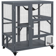 PawHut Cat House, Indoor Cat Enclosure on Wheels, Wooden Kitty Cage with Cat Flap Door, Platforms Hammock & Openable Top for 2 Cats, 39'