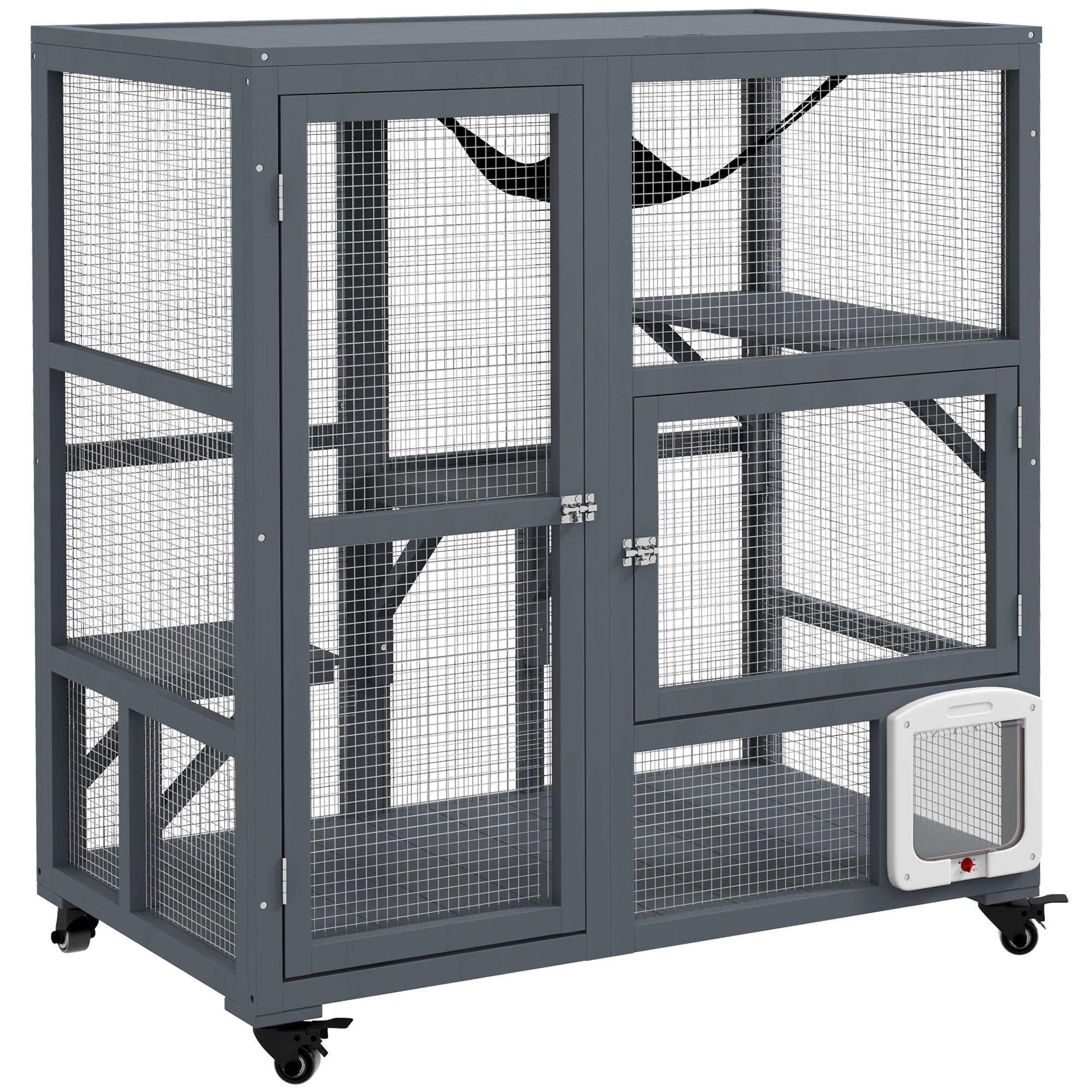 PawHut Cat House, Indoor Cat Enclosure on Wheels, Wooden Kitty Cage with Cat Flap Door, Platforms Hammock & Openable Top for 2 Cats, 39'