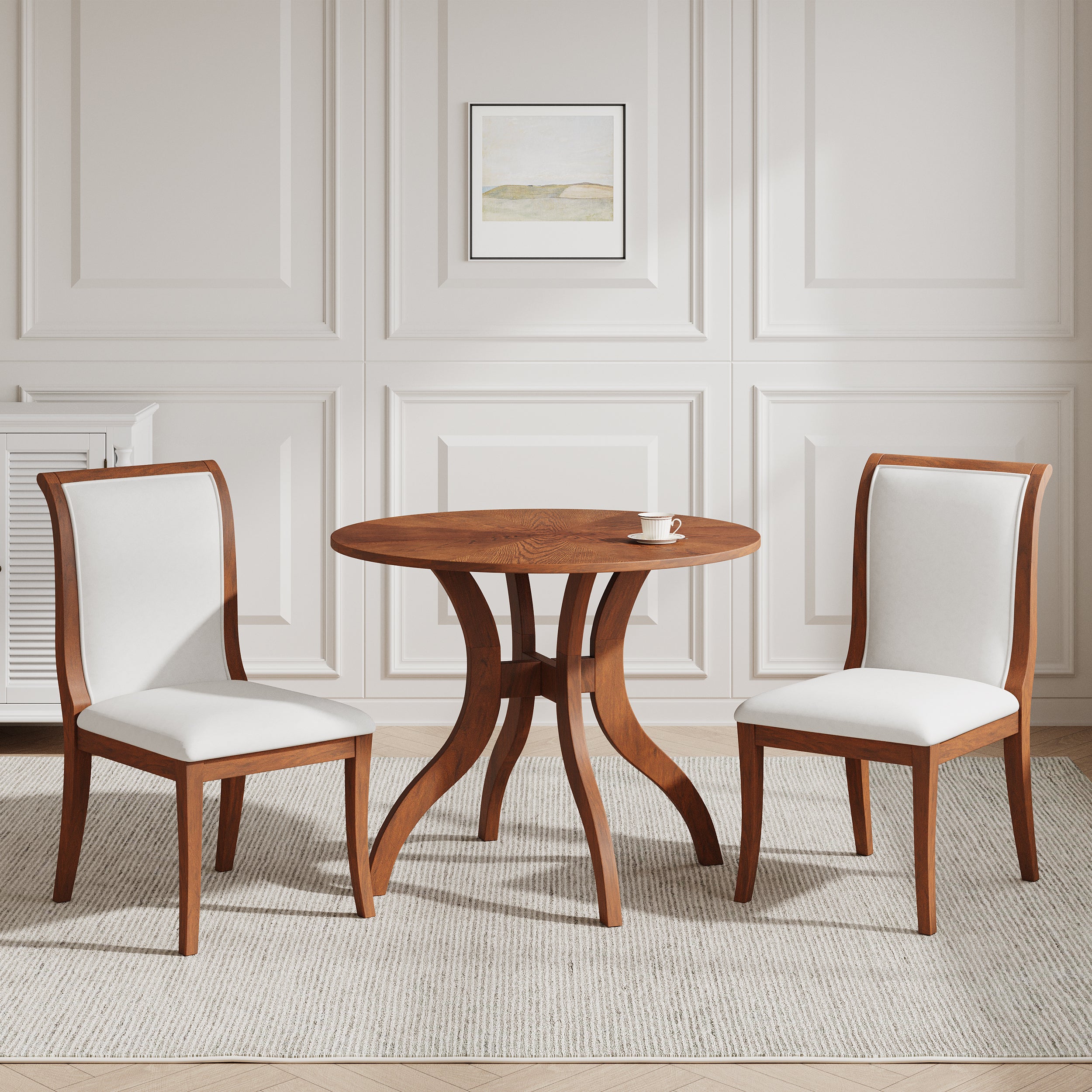 Walnut Dining Table Set:39.4' Round Table + 2 Chairs - Traditional Solid Wood Kitchen Set with Inlaid Tabletop, Elegant Curved Legs for Dining Room