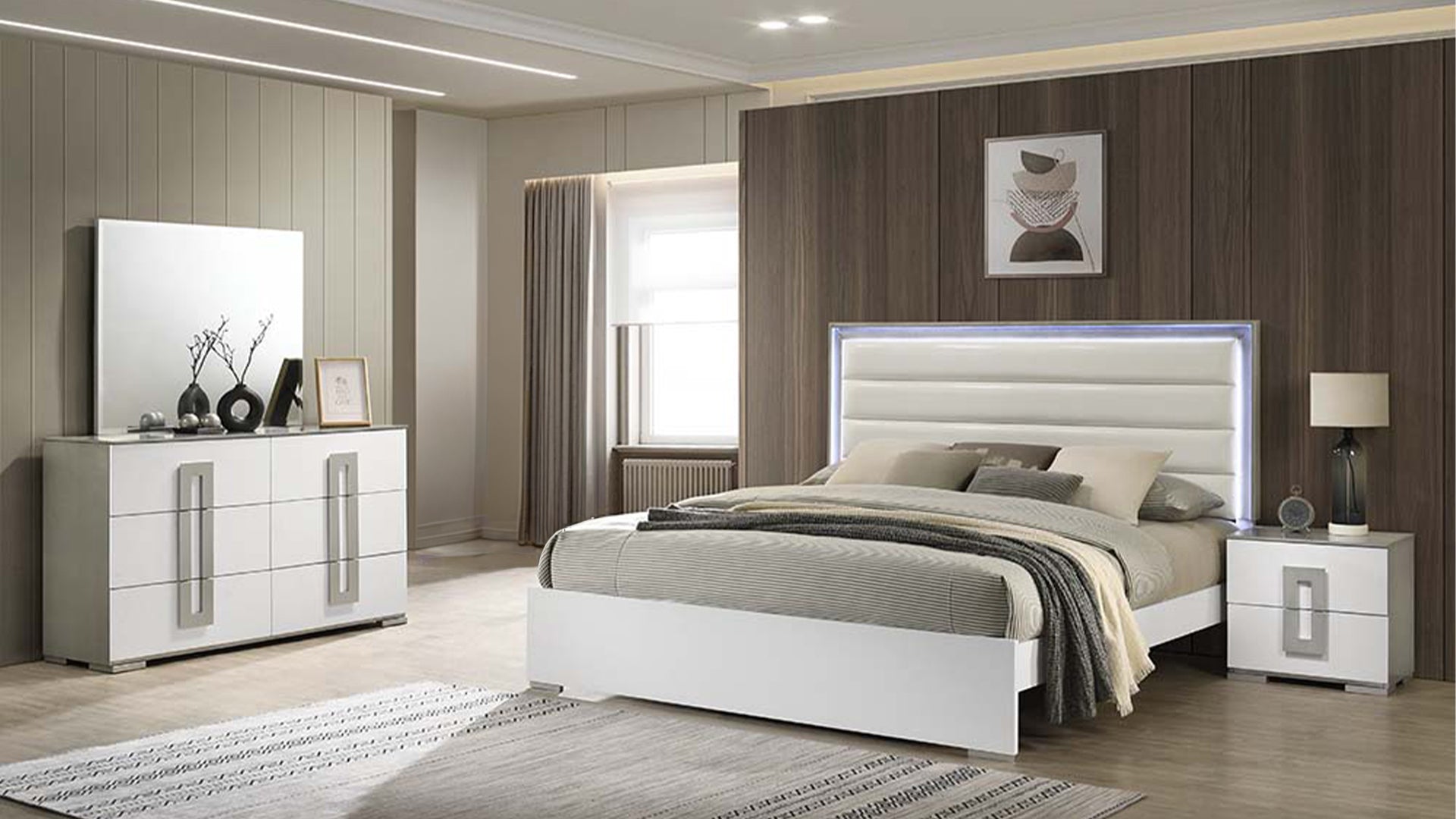 Olivia Contemporary Style 4 Pc King Bedroom Set with LED Headboard Made with Wood in White (CA Inventory)
