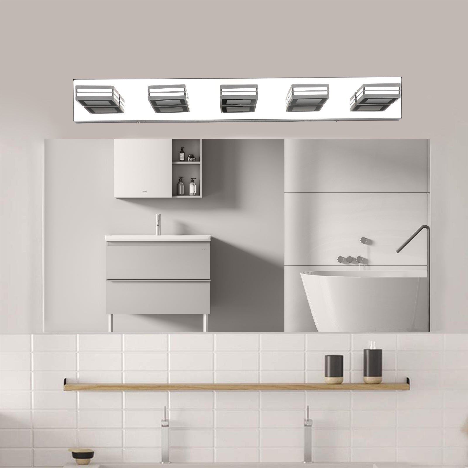 32' Modern Chrome 5-Light LED Vanity Light, Square Acrylic Lampshades Wall Mount Fixture for Bathroom, Mirror Lighting