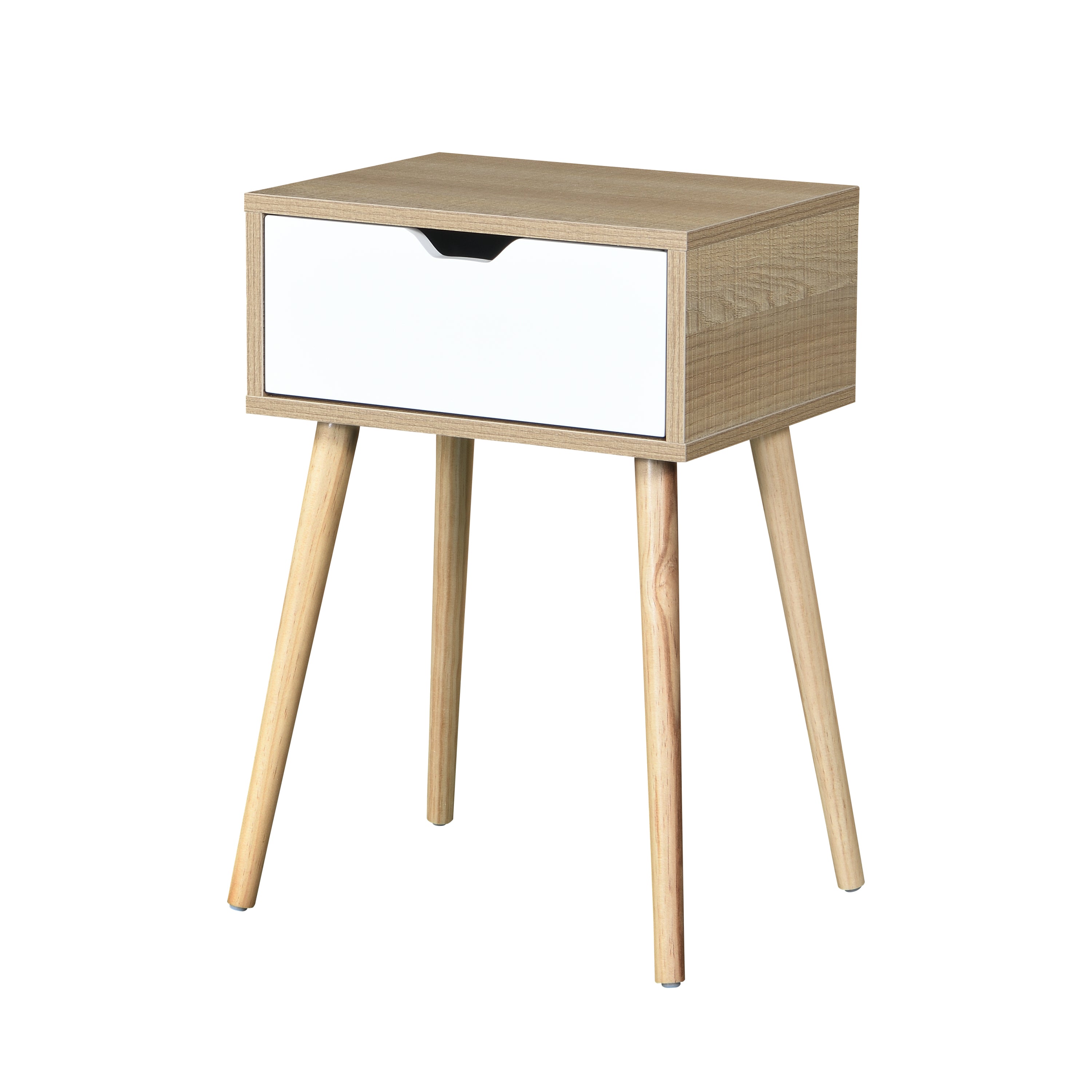 Mid-Century Modern Side Table with 1 Drawer and Rubber Wood Legs, White and Solid Wood Color, MDF
