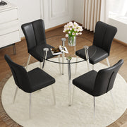 Table and chair set.A Modern Minimalist Round dining table with Transparent Tempered Glass top and silver metal legs,paried with chairs with PU backrest and seat cushion and silver metal legs.