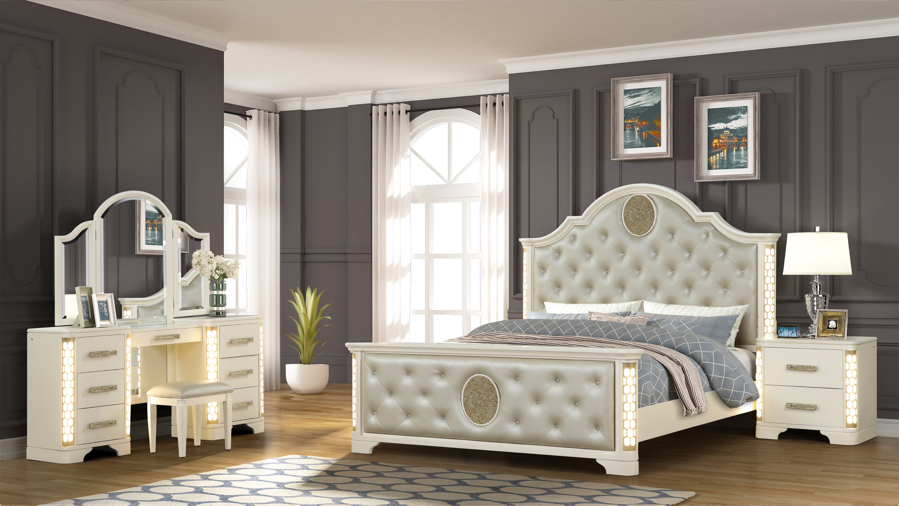 JASMINE Queen 4 Pc Unique LED Vanity Bedroom Set made with Wood in Beige(NJ INVENTORY)
