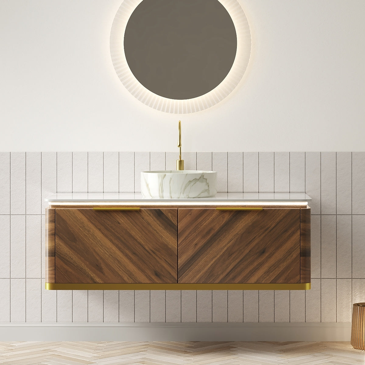 DIPA 48' Bathroom Vanity&Sink, Floating Plywood Storage Cabinet, Drawers with Handle&Sensor Light, Stone Pattern Ceramic Vessel Basin&Sintered Stone Top, Pre-assembled, Dark Walnut Woodgrain Color