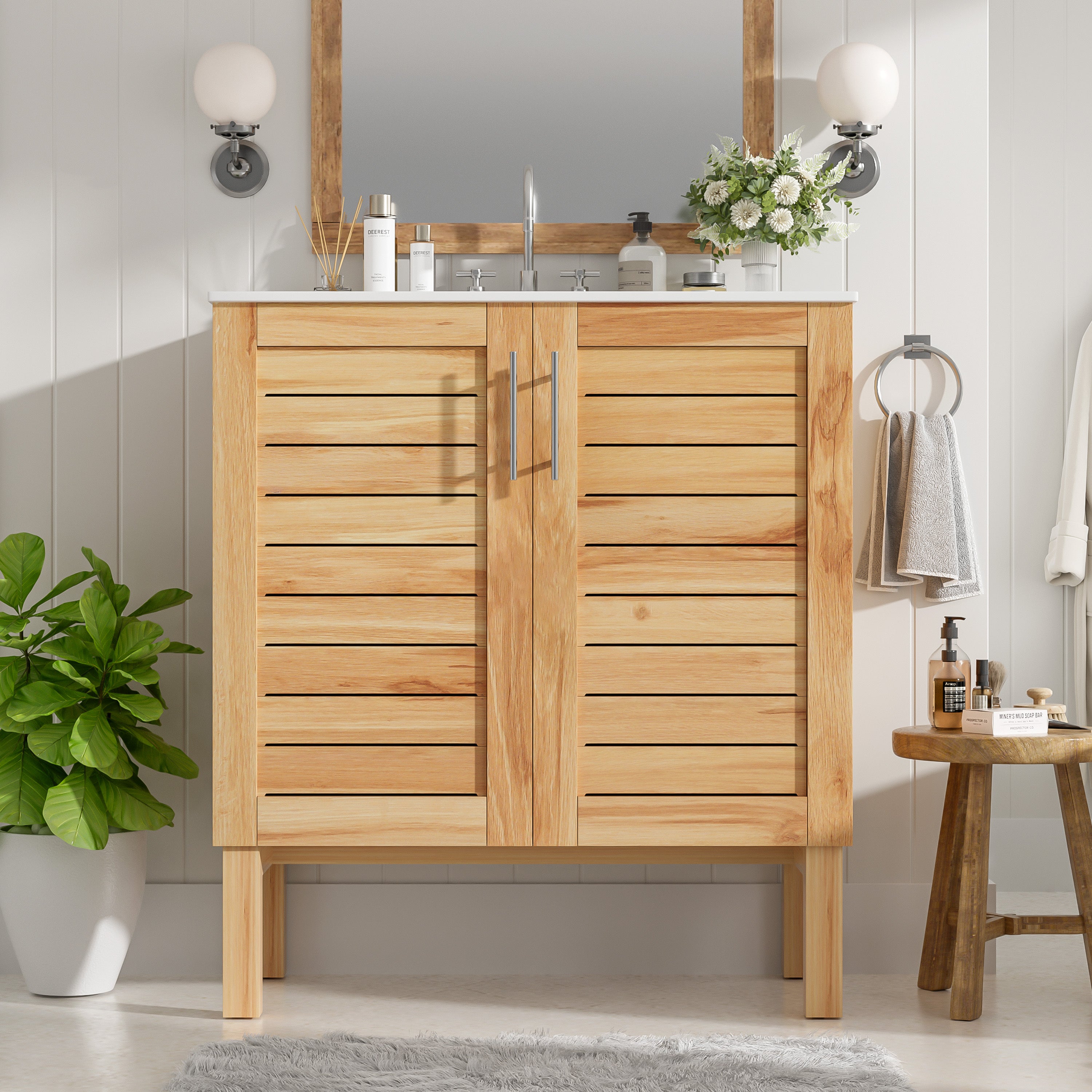 30' Antique Bathroom Vanity with Ceramic Sink, Mid-Century Modern Bathroom Vanity Cabinet with 2 Soft-Close Doors and Large Storage Space, Retro Freestanding Single Bathroom Vanity Set, Natural Brown