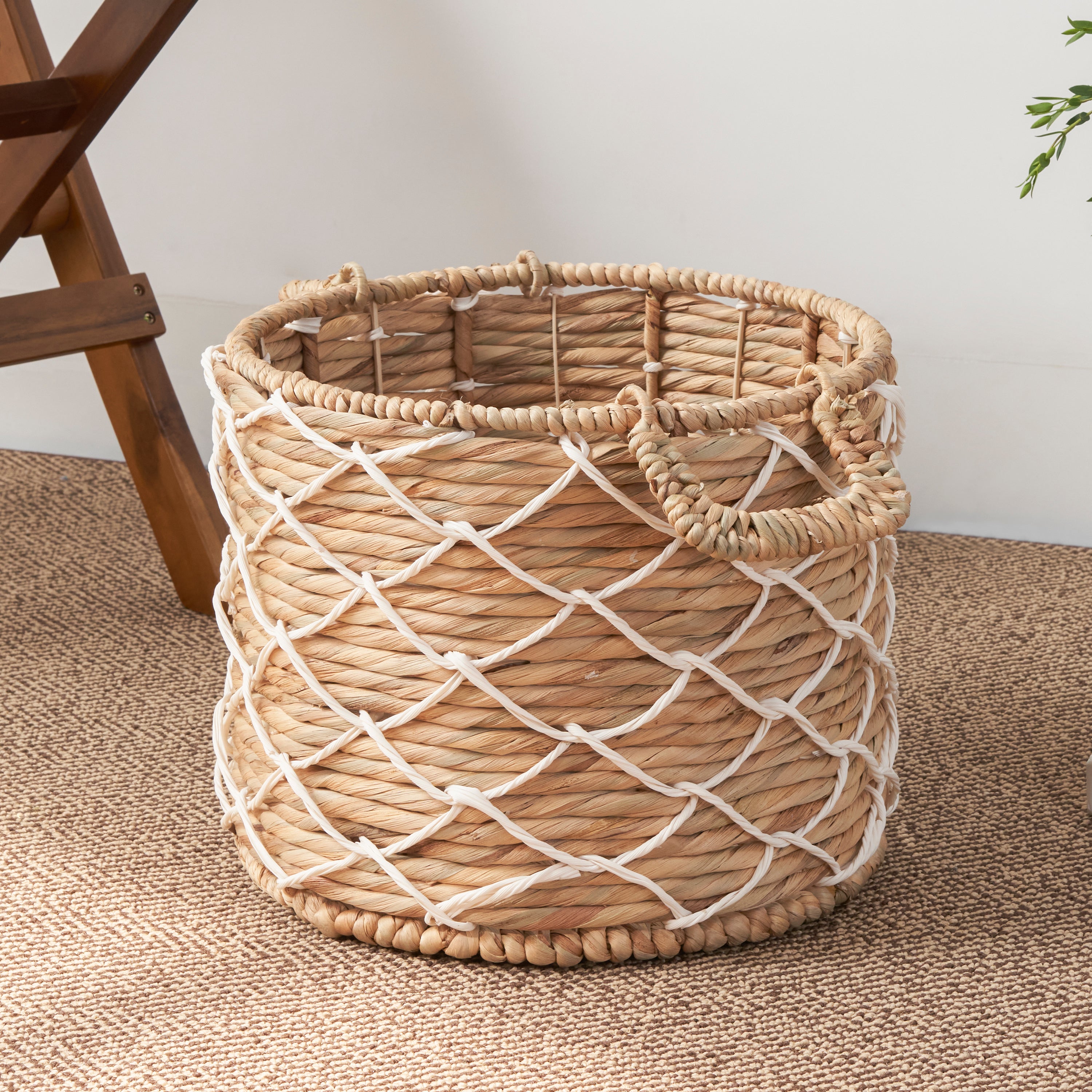 Round Water Hyacinth Woven Basket with Handles - 18' x 18' x 12.2' - Natural Brown - For Clothes, Towels, Canvas, Toys and Magazine Storage and Home Decoration