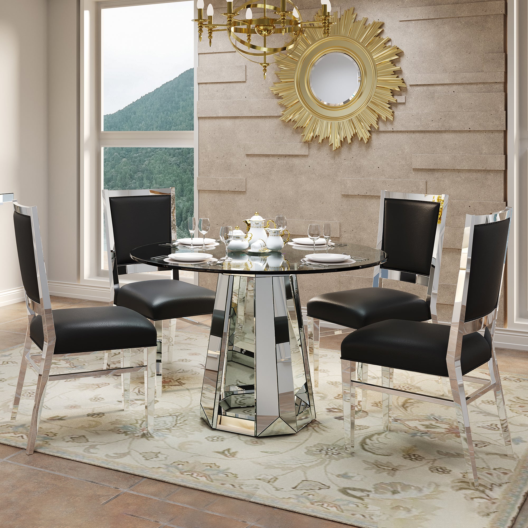 Modern minimalist round tempered glass combination round mirror surface dining table, glass table with round base,kitchen table