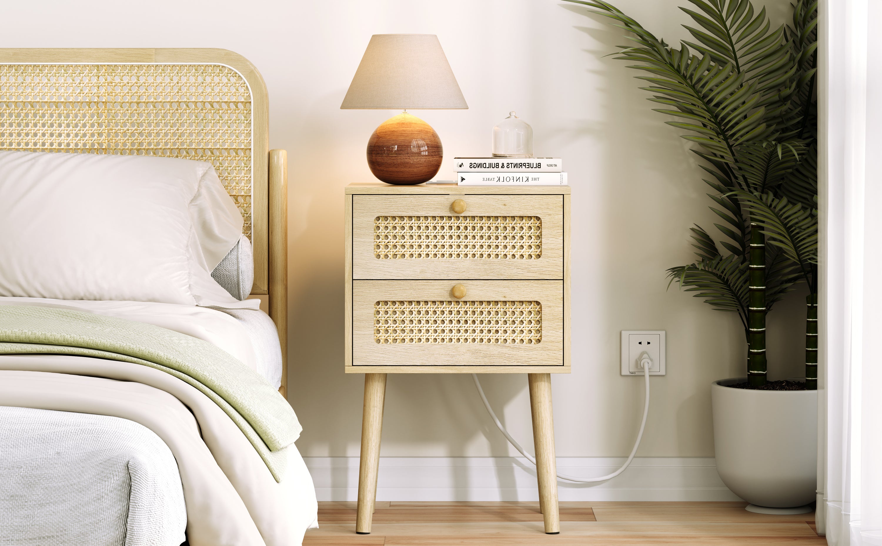 15'W Rattan 2-Drawer Nightstand